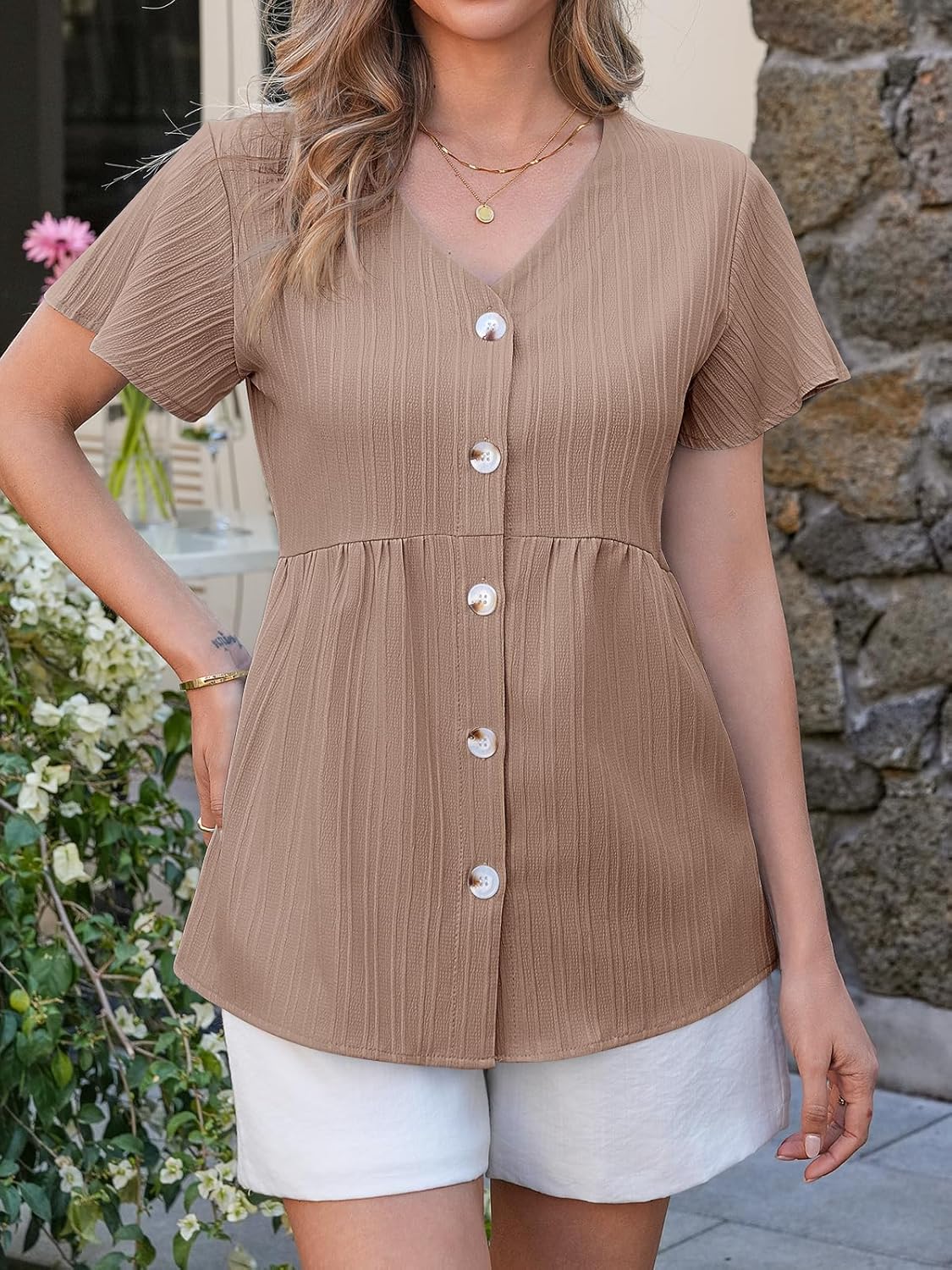 Tankaneo Womens Babydoll Tops Summer Short Sleeve Peplum Flowy Blouse Casual Spring Loose Button Down V Neck Ruffle Shirts - Image 5