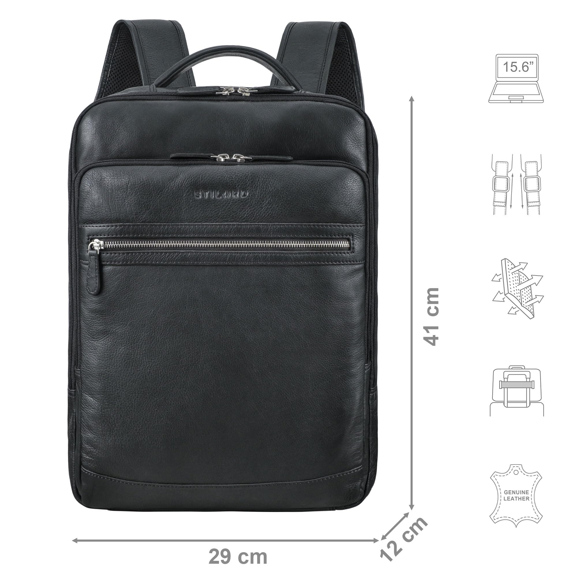 STILORD "Banks" Skórzany Plecak na Laptopa 15,6 Cala Duży Plecak Biznesowy Laptop Backpack do Pracy Uniwersytet Podróży Plecak z Prawdziwej Skóry Kolor:czarny