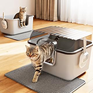 Oneluck Large Cat Litter Box with Covered,Mat and Scoop, Kitty Litter Enclosed Box with Lid and Front Door Flap for Portab...