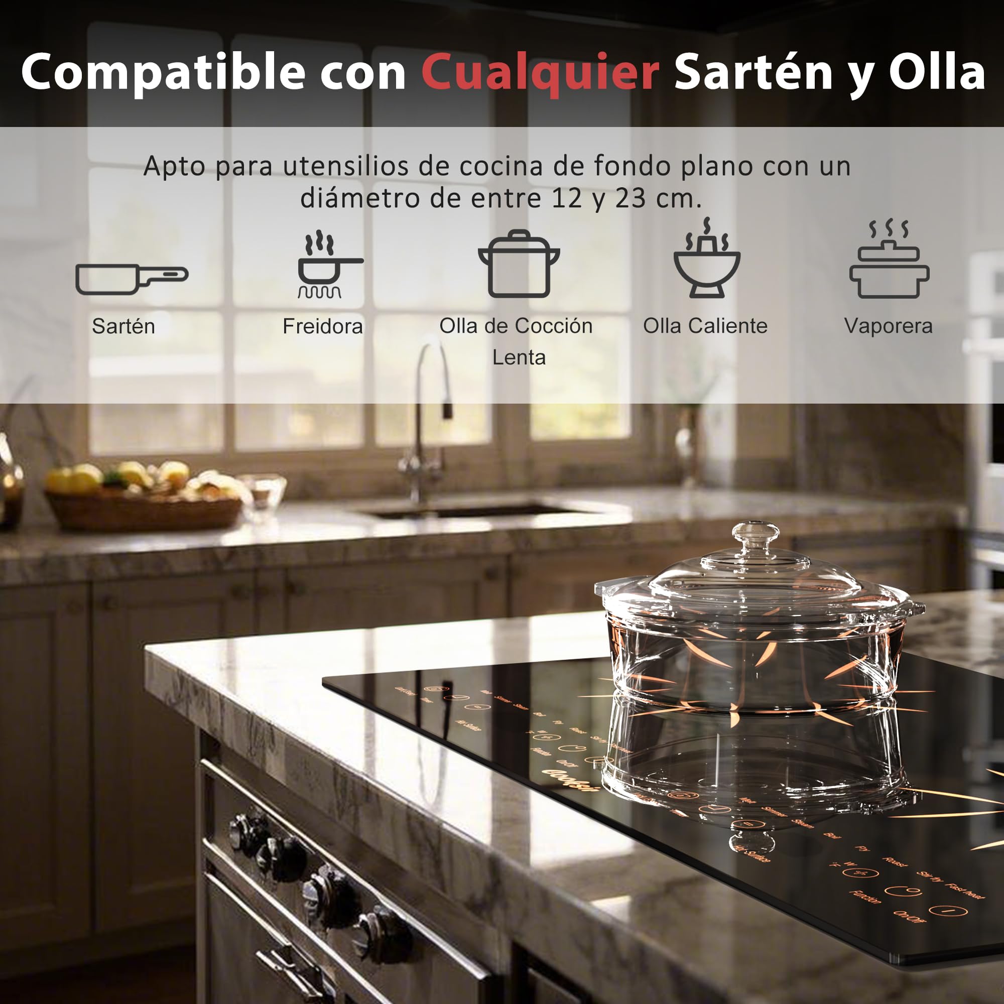 Placa Vitrocerámica de 2 Fuegos Portatil, 60 cm Para Empotrar o Móvil | Cooksir Vitroceramica, Autónoma, Tacto Horizontal Independiente, Bloqueo de Seguridad, 220 V ~ 240 V, 3600 W, con Enchufe