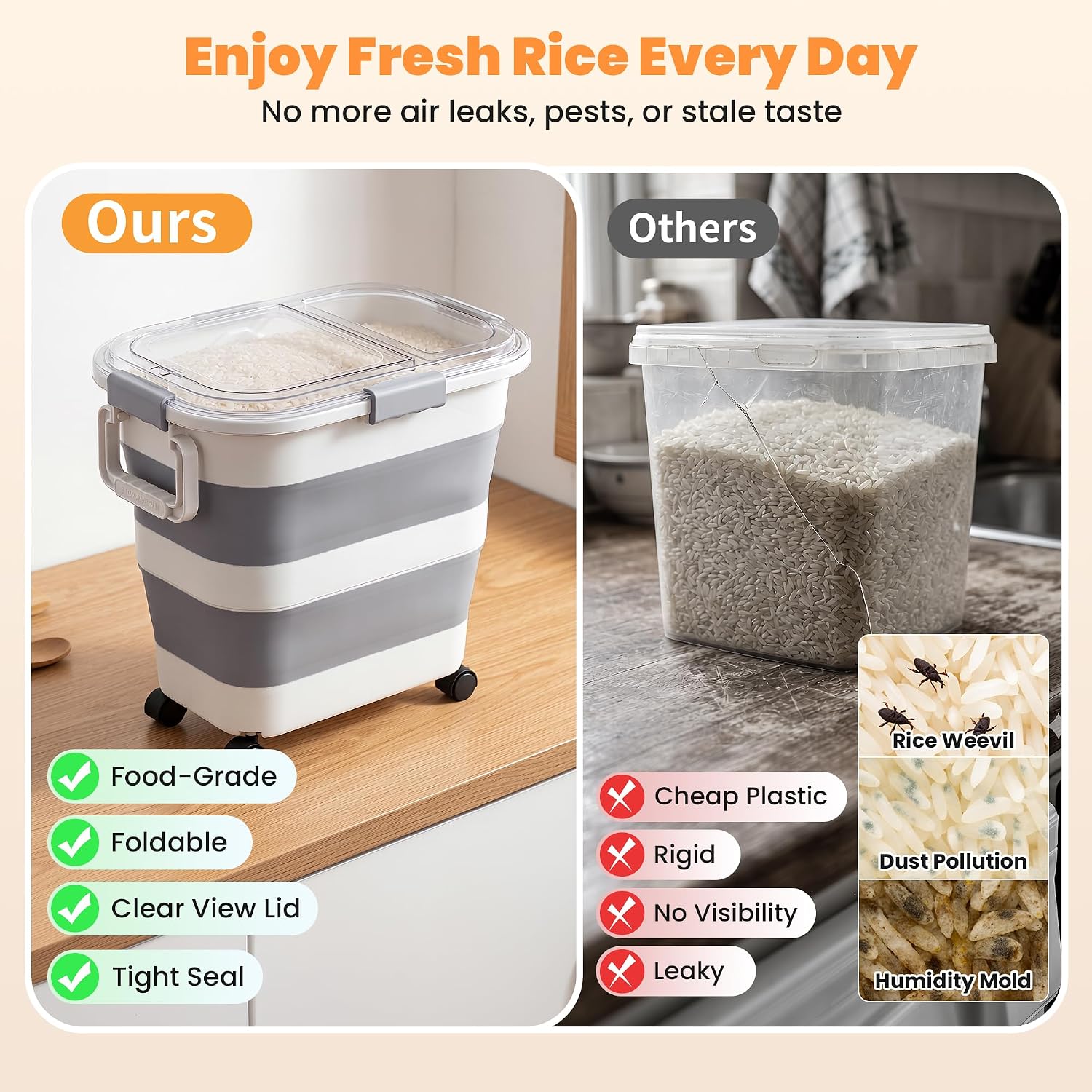 30 Lbs Rice Storage Container with Wheels, Collapsible Airtight Dog Food Storage Container with Transparent Lid, Measuring Cup, Scoop, Handle, BPA Free Rice Holder for Pet Food, Grain, Bird Seed