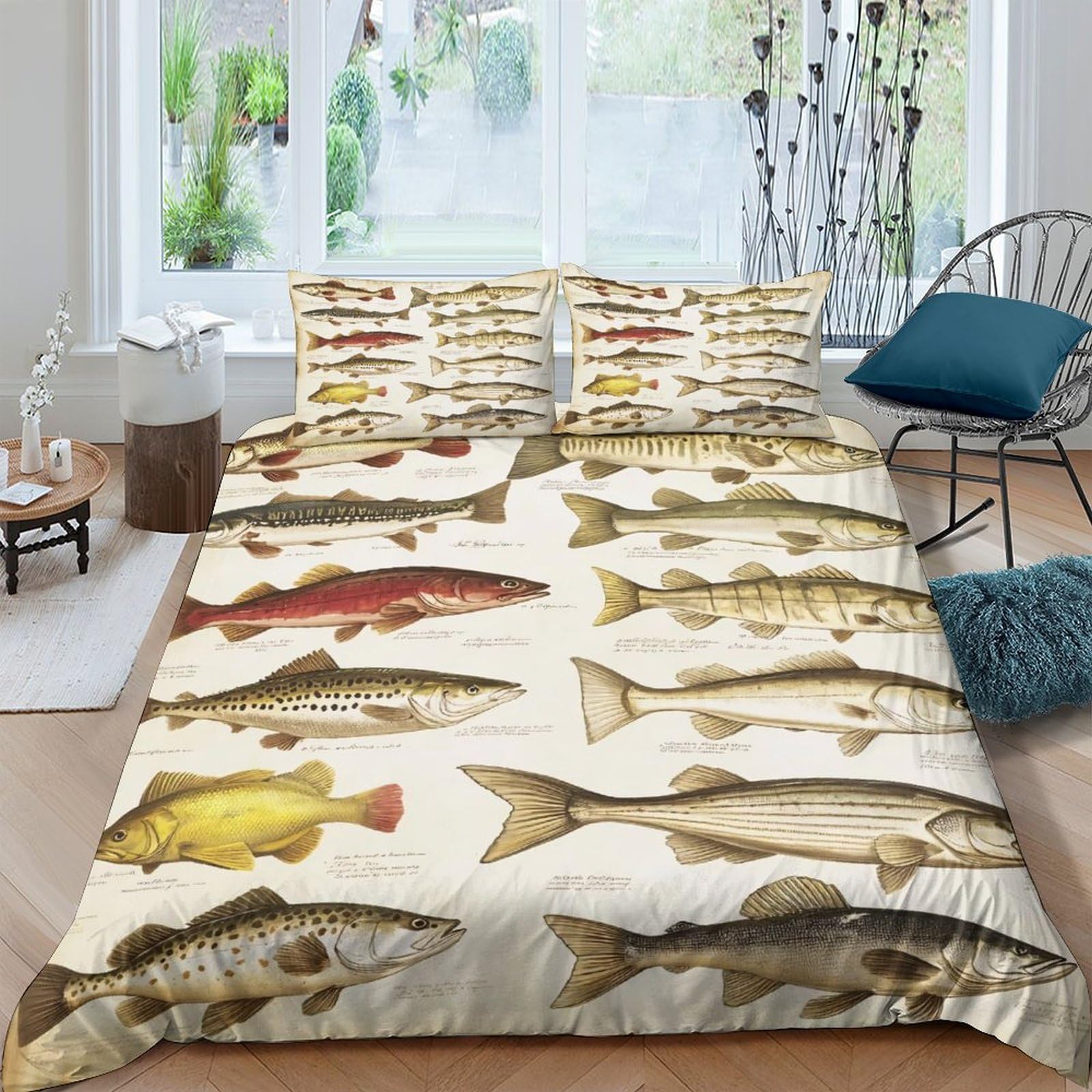 Ctjqhvkz Style-5 3D Printed Vintage Fish Illustration Fitted Sheet Microfiber Non-Slip Bed Sheet For Bedroom Guestroom Dorm Decor Single（135X200cm）