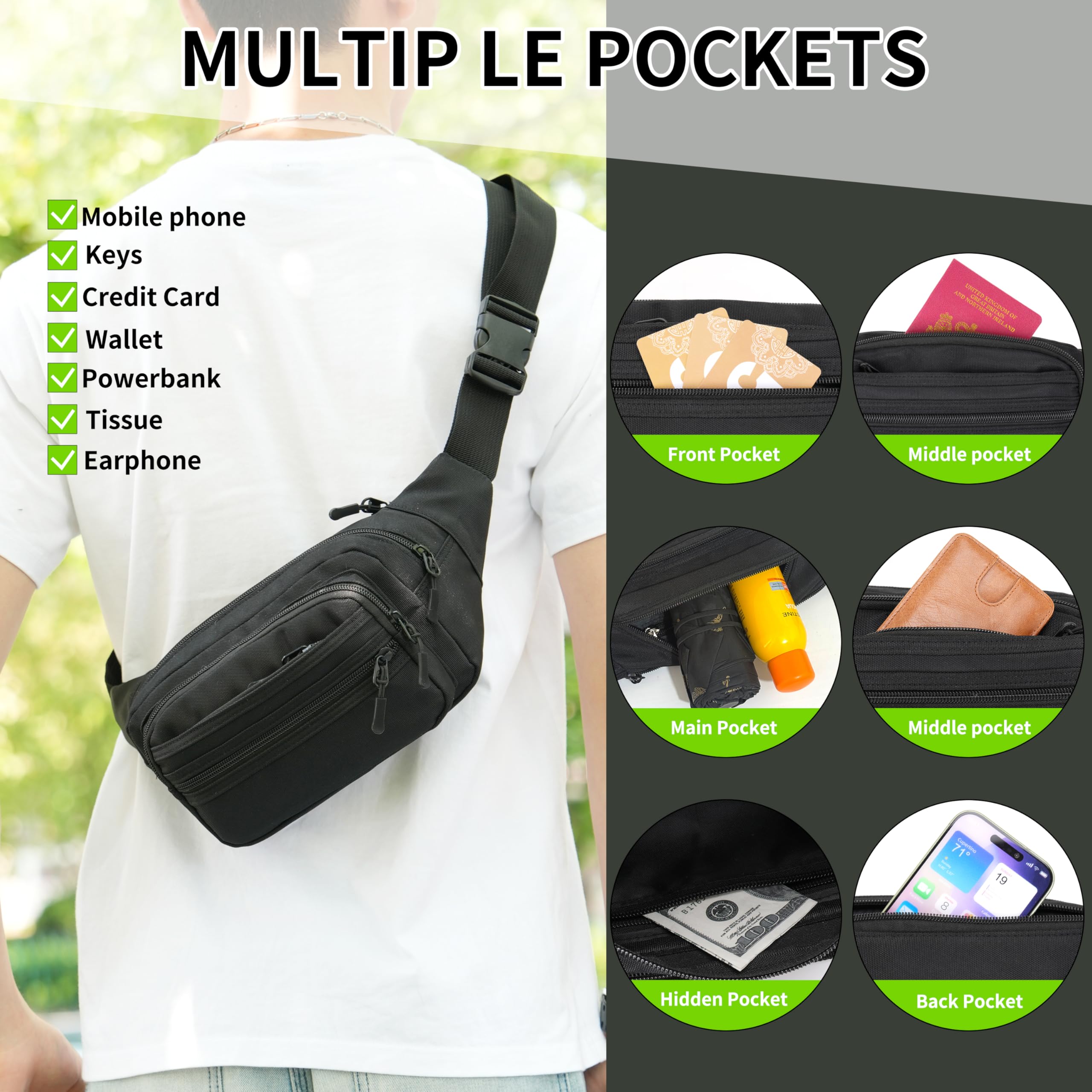 Sac Banane Taille Homme Femme Ville Sacs Banane Unisexe avec Ceinture allongée de 30 cm et Poches à 6 Fermetures à glissière Ceinture réglable pour la randonnée d'entraînement en Plein air