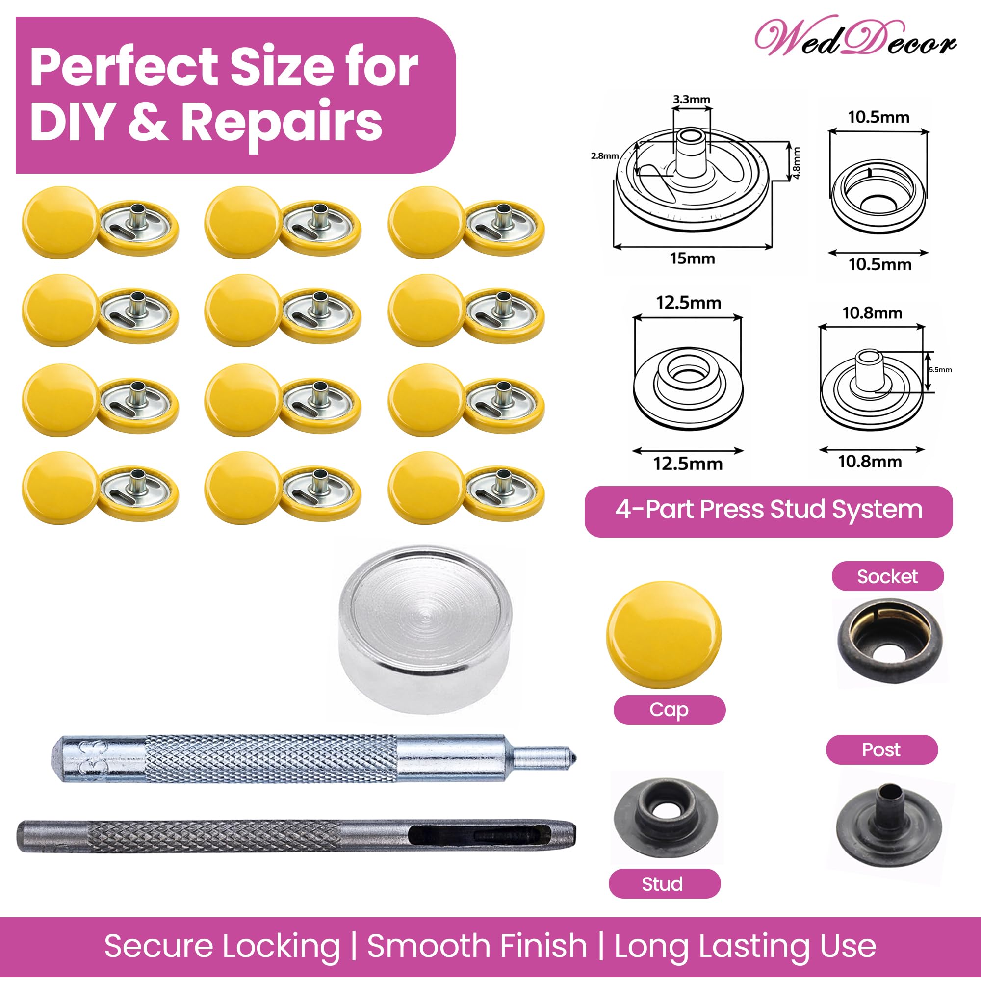WedDecor 15mm Druckknöpfe Grau 4 Teile Snap Verbindungen Mit Befestigung Handwerkzeuge für Bekleidung,Beutel,Lederhandwerk, Mode Zubehör, Bastelarbeiten Handwerk Projekte, Gelb, 500pcs