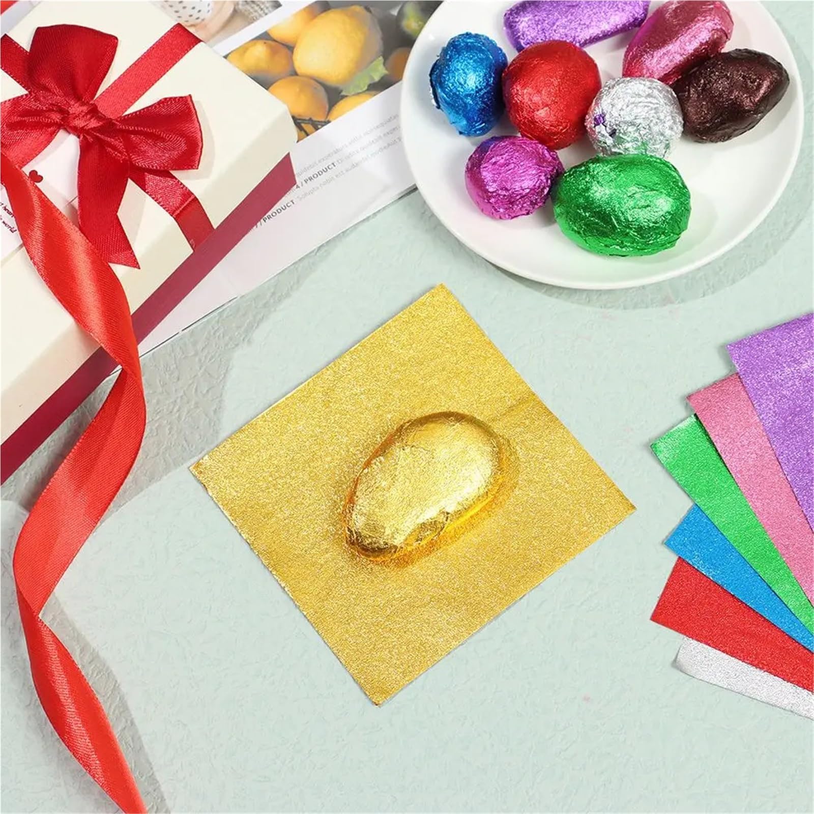 Bonbonpapier aus Folie, 800 Stück, goldenes Aluminiumfolienpapier for selbstgemachte Süßigkeiten, Schokolade, Verpackung, DIY-Bastelverpackungen(Red)