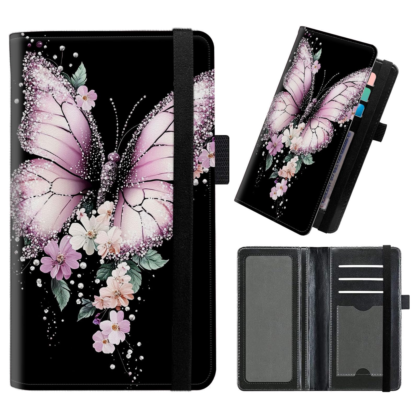 FXIANGWL Checkbook Cover for Men Women with RFID Blocking and Elastic Strap, Premium Leather Checkbook Holder Slim Wallets for Top and Side Tear Duplicate Checks, Pink ShinyB Butterfly