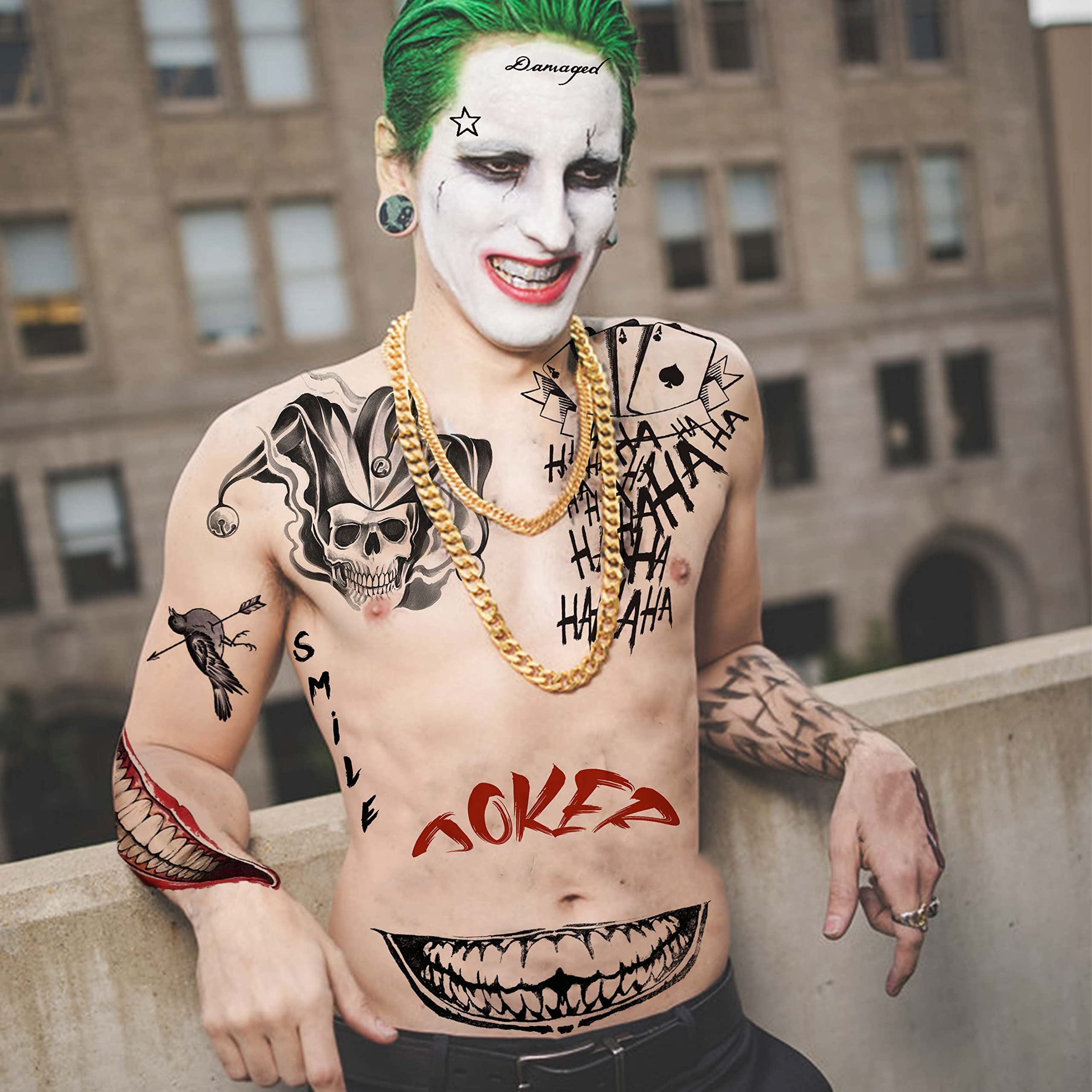 LAROI 5 Sheets 3D Joker Temporary Tattoos for Men Women Men Adults Fake Joker Tattoo Sticker Halloween Makeup Kit - Image 2