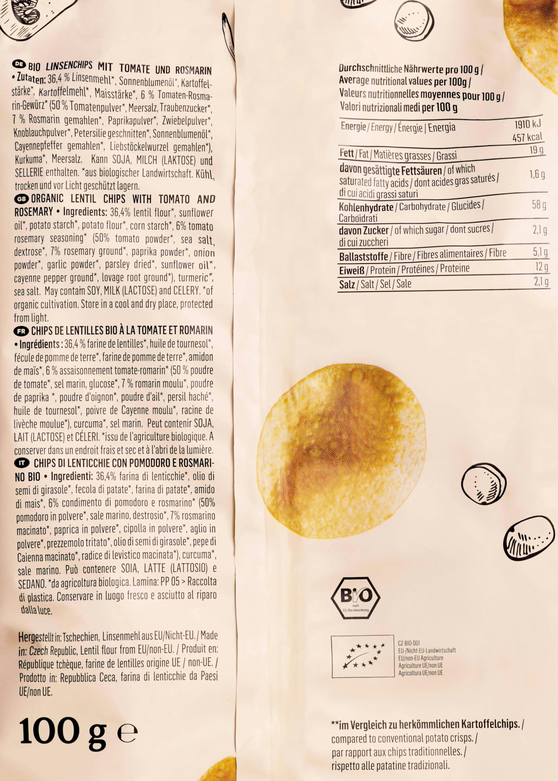 KoRo - Chips di lenticchie con pomodoro e rosmarino bio 7 x 100 g - vegan - da agricoltura biologica - gustosa alternativa alle patatine