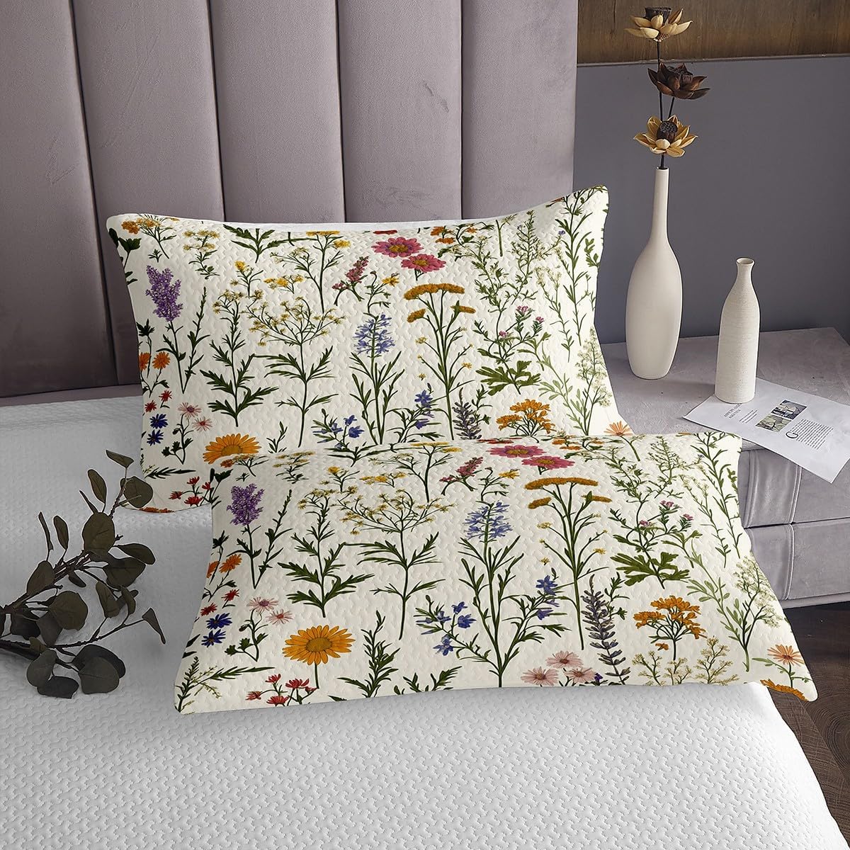 Erosebridal Wildflower Coverlet Set Botanical Floral Quilts for Kids Adults Watercolor Flower Leaves Bed Sets Sage Green Leaves Decorative Bedspread Set Queen with 2 Pillowcases