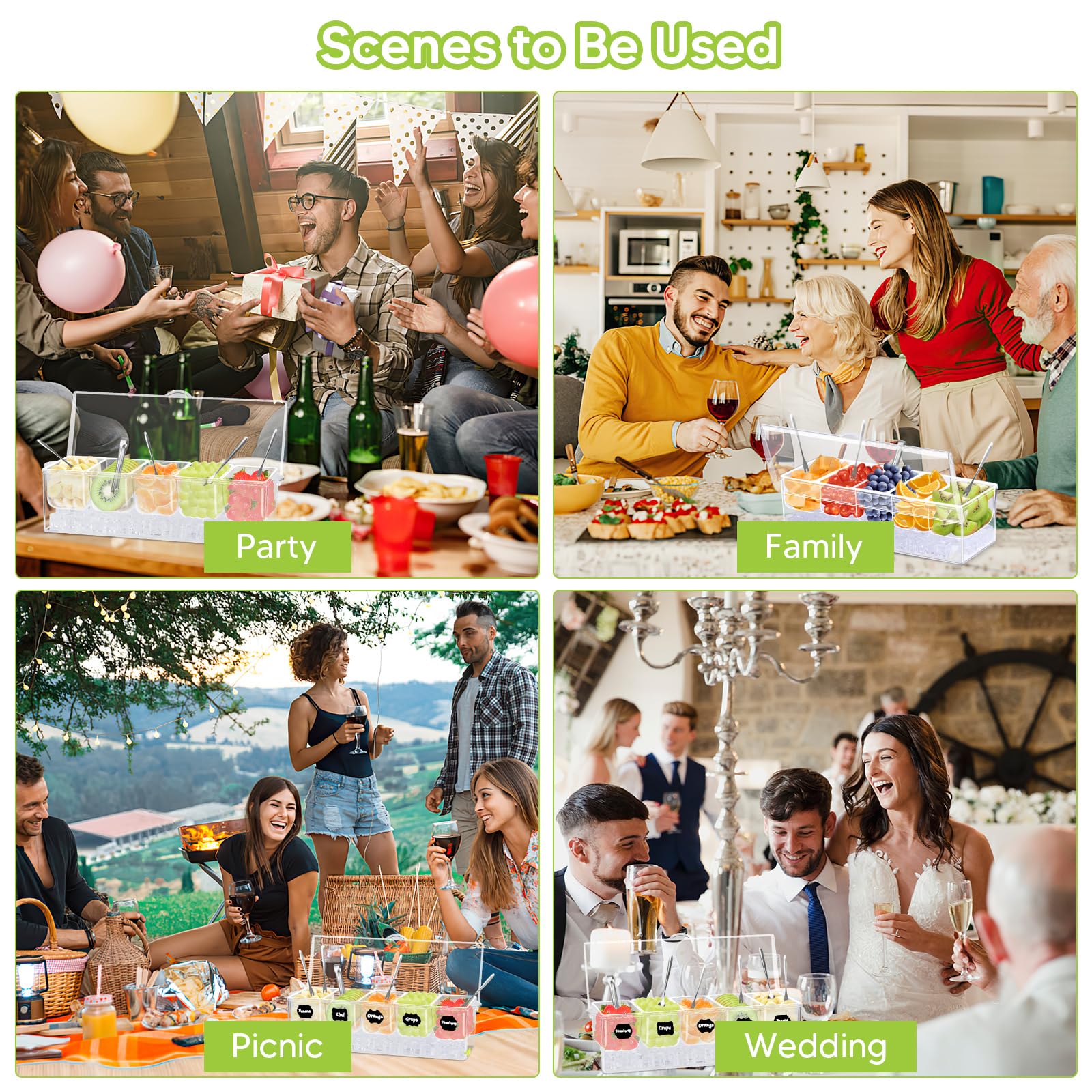 Servidor de condimentos de 5 compartimentos, recipientes de condimentos refrigerados con hielo con tapa con bisagras, organizador refrigerado con 5 platos extraíbles y 15 pinzas de servir de