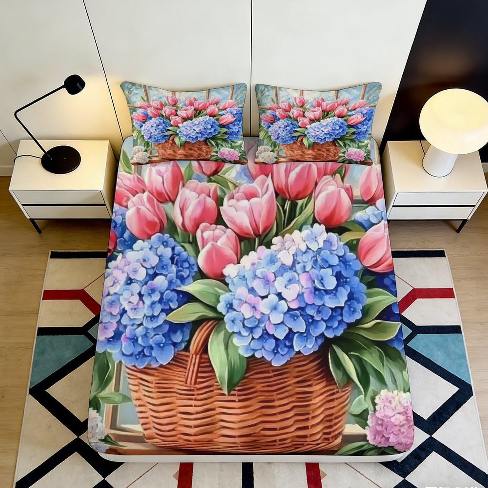 3D Printed Tulip and Hydrangea Fitted Sheet Microfiber Soft Breathable Floral Basket Bed Cover for Bedroom Dormitory Guest Room Mattress Protection 160x200x25cm