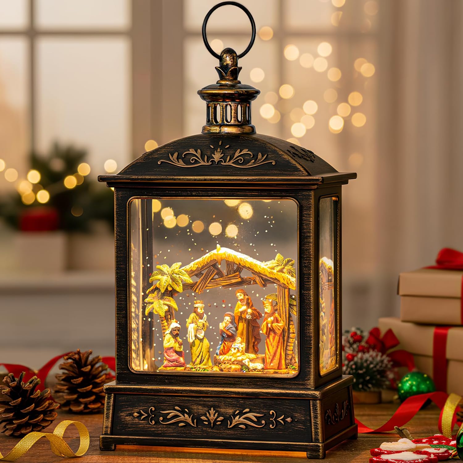 12.5” Christmas Snow Globe Lighted Manger Nativity Scene, Musical Water Lantern Play Silent Night Music in Swirling Glitter, for Home, Battery Operated or USB Powered