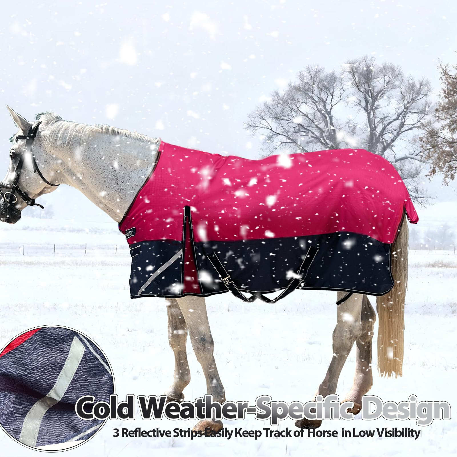 Coperta invernale impermeabile e traspirante per cavallo, 300 g, 1200 D, calda, con strisce riflettenti (rosso/blu, 203 cm)