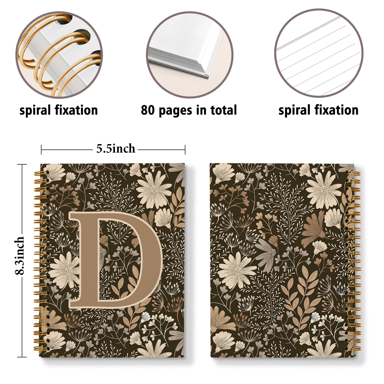 DSHFG Cuaderno personalizado de flores para mujeres, adolescentes, niñas, cuaderno bohemio para regalos escolares para estudiantes, diario diario con inicial D, cuaderno en espiral D, 5.5 x 8.3