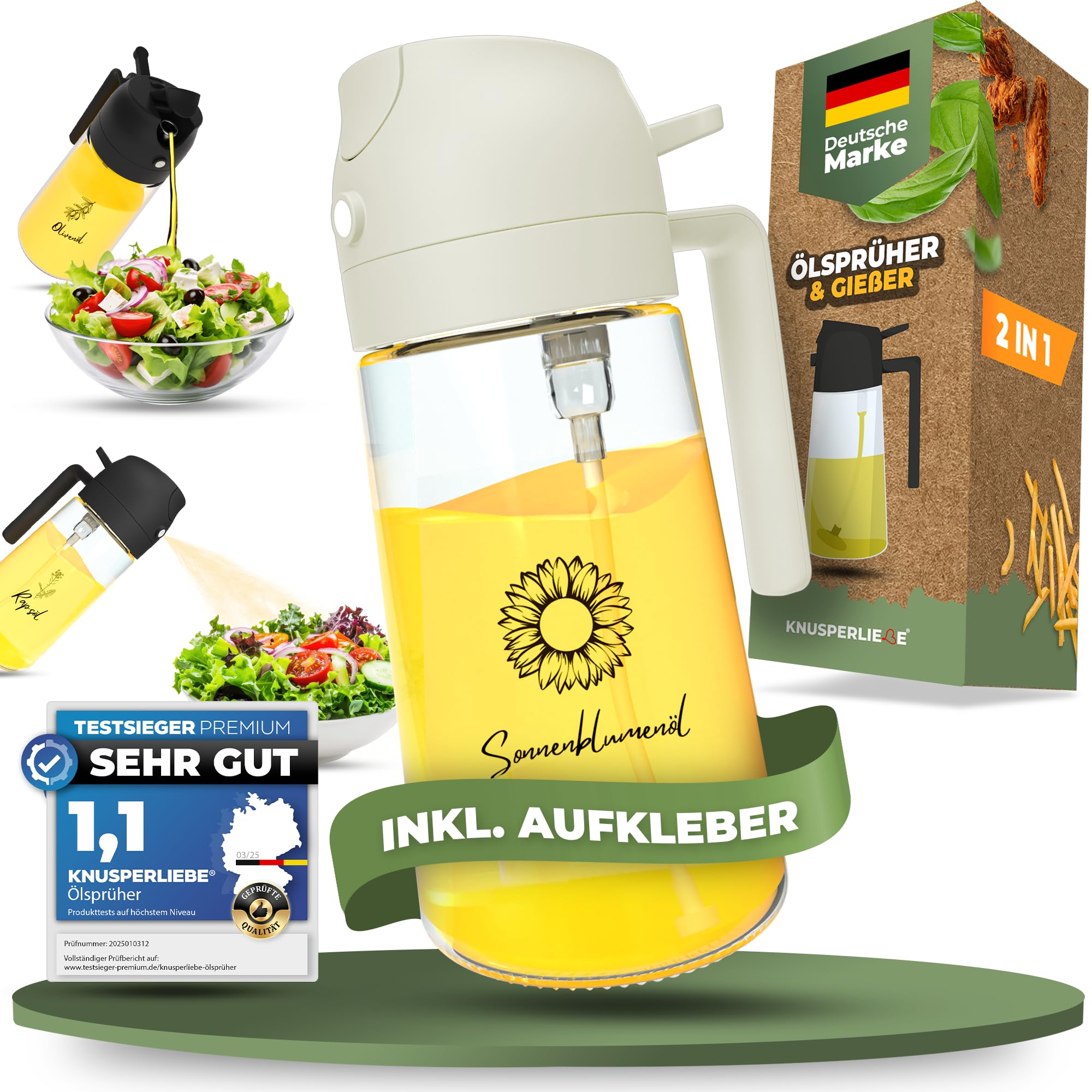 KNUSPERLIEBE® 2-in-1 Ölsprüher und Ölspender 470ml für Speiseöl, inkl. 5 Aufkleber, ideal für Airfryer, Olivenöl Flasche, Ölzerstäuber, Ölspray Zerstäuber, Sprühöl, Küchen Gadgets für Kochen, BPA-FREI