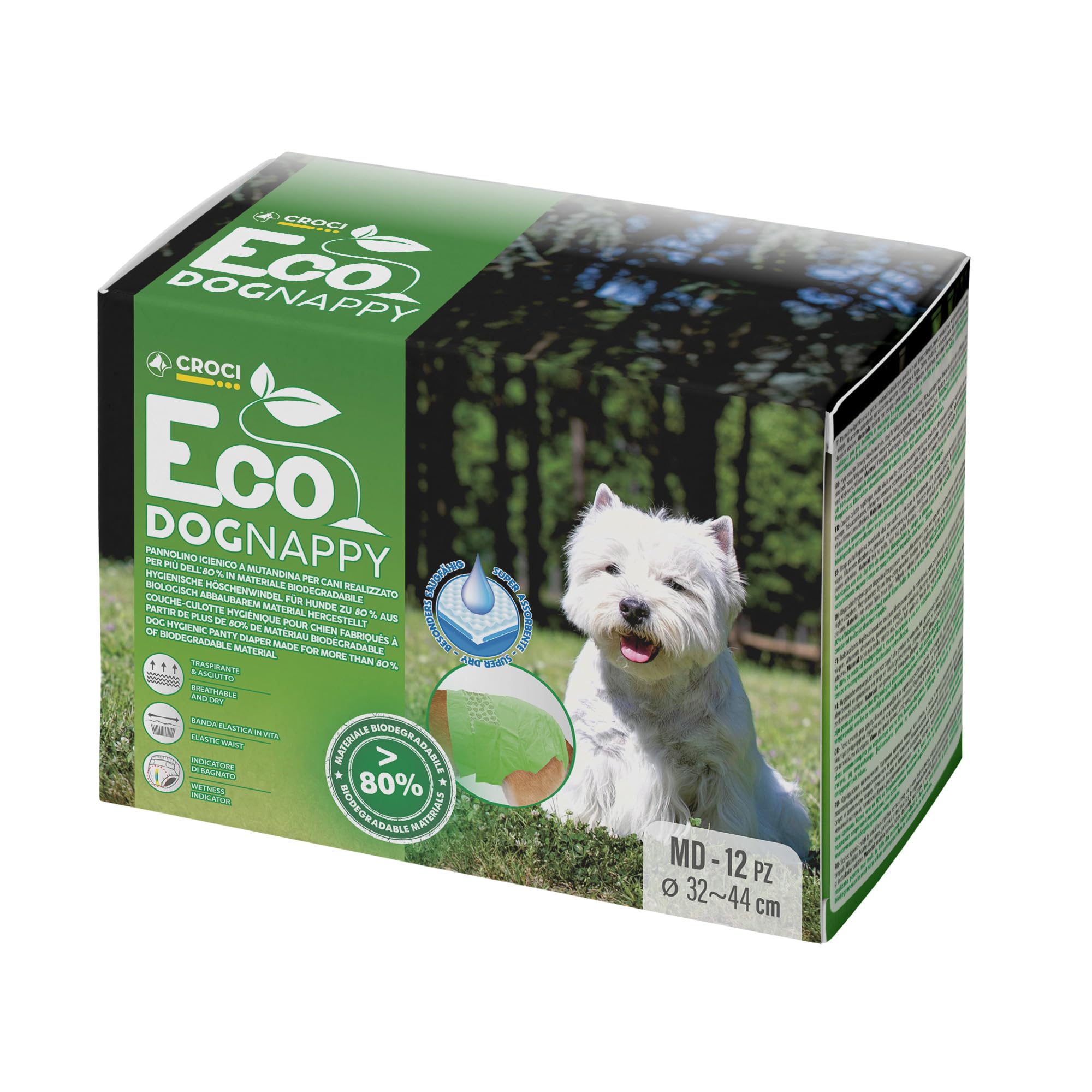 Croci Dog Nappy Eco - Mutanda Assorbente per cani femmine, taglia M - Ø 32-44 cm, Pannolino igienico ciclo e pipi cane, Antiodore, Usa e getta, Chiusura adesiva regolabile, 12 pz