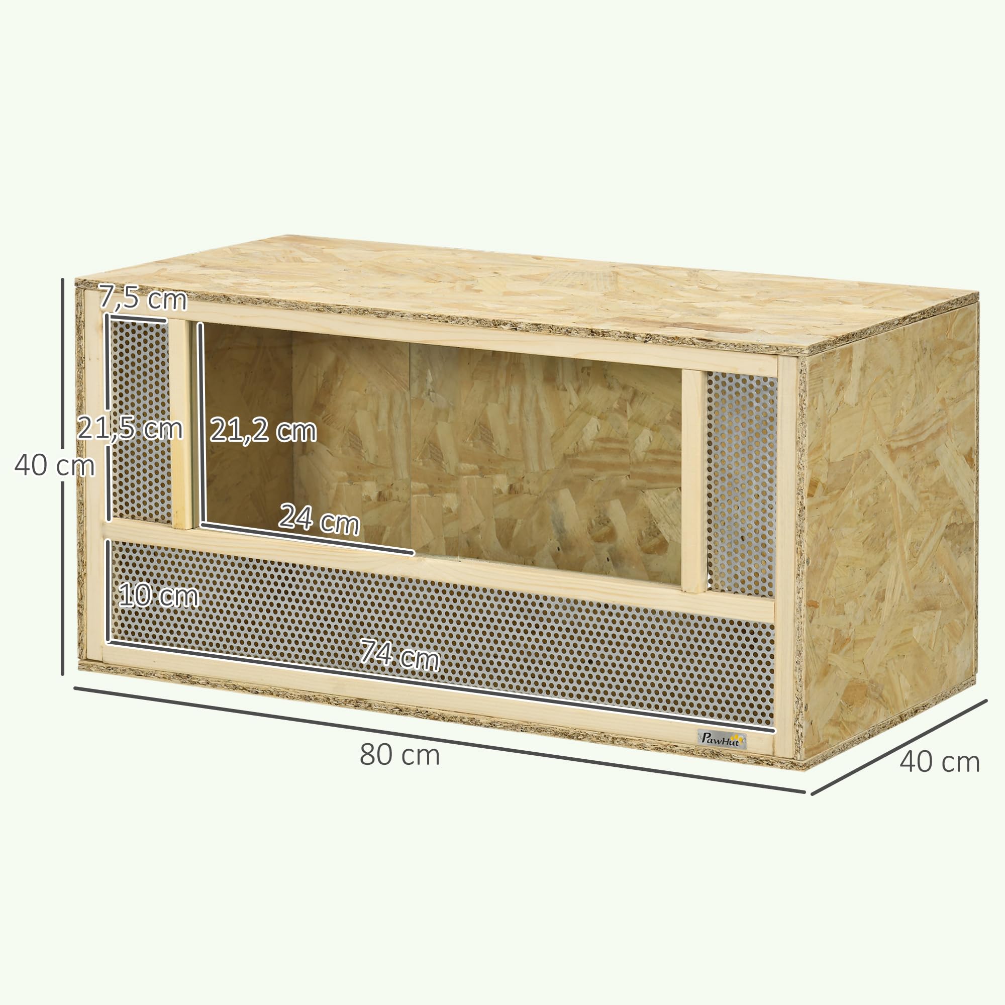 PawHut Terrarium en Bois OSB pour Reptiles et Batraciens avec Porte Coulissante en Verre 80 x 40 x 40 cm Naturel