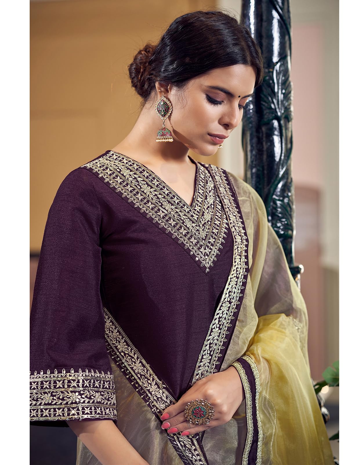 Sanisa Women's Art Silk Embroidery Lace Straight Kurta With Pant And Embroidery Lace Work Dupatta (104Kbd1133Nz-Xl_Wine)