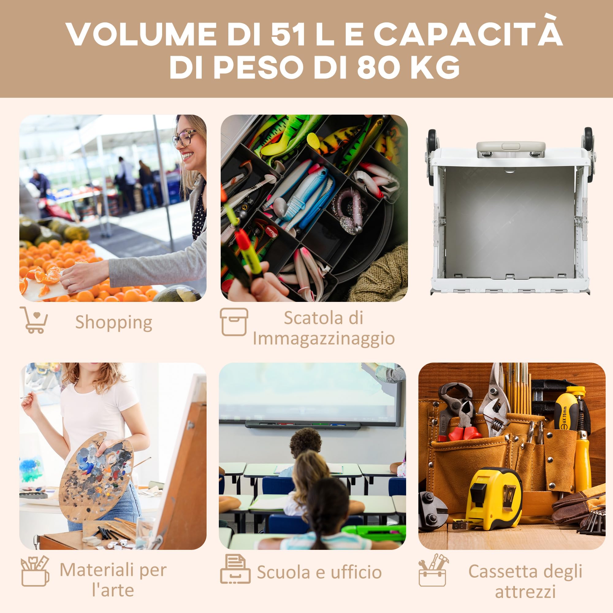 HOMCOM Carrello Spesa Pieghevole con Ruote per Scale e Manico Telescopico, Carrello in Alluminio e Plastica per Spesa e Campeggio, Capacità 80 kg, 51L, 52 x 48 x 100 cm, Bianco