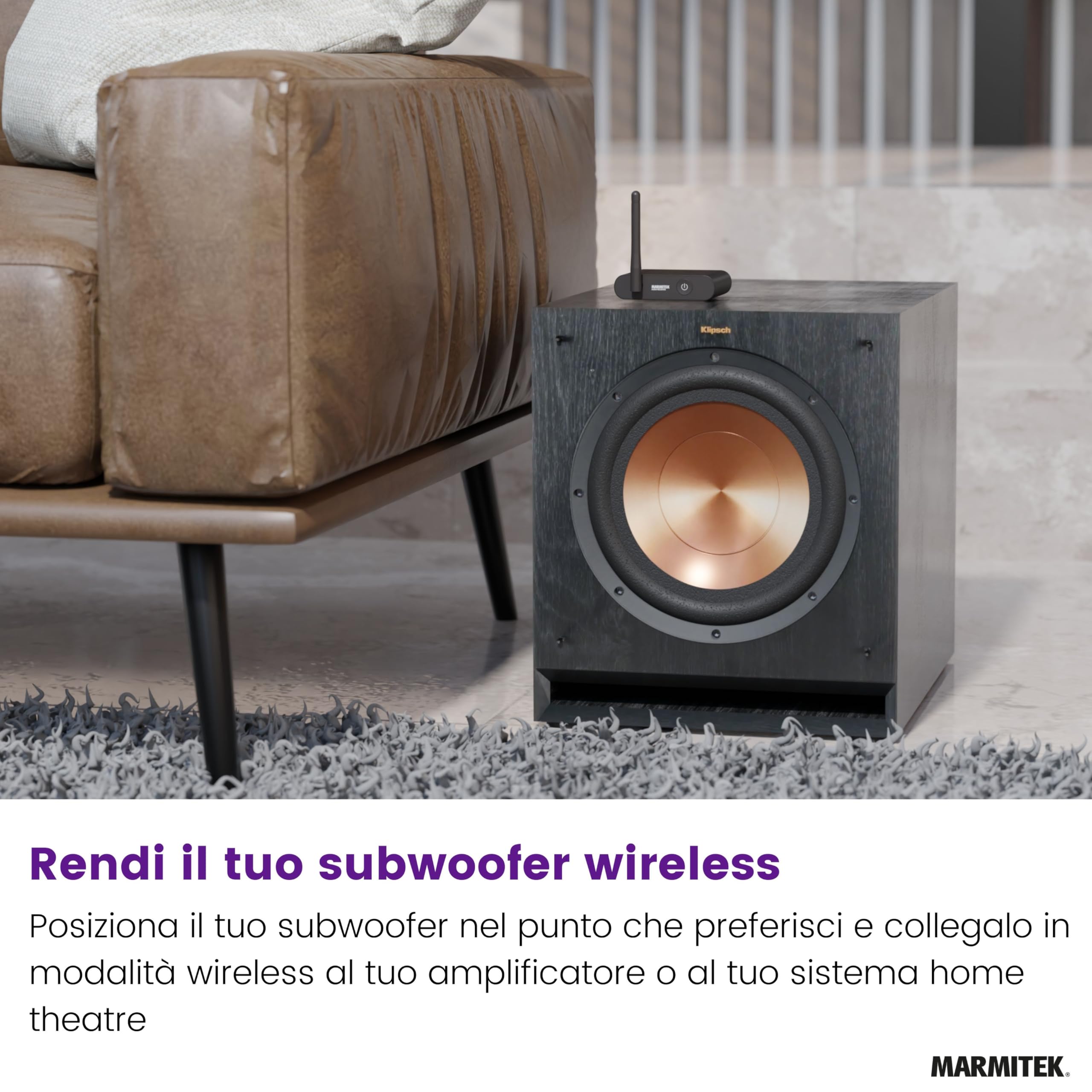 Kit subwoofer wireless Marmitek Subwoofer Anywhere 640 - Sub attivo via LFE/Line - Trasmissione digitale stabile, RCA dorati, auto standby - USB-C