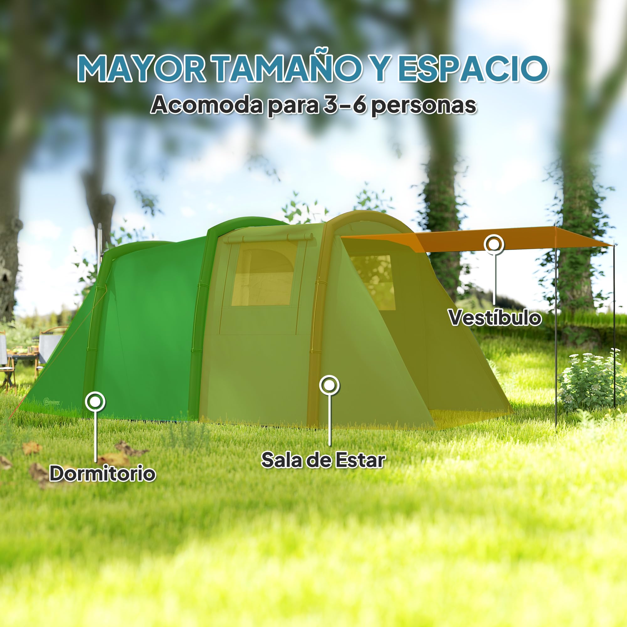 Outsunny Tenda da campeggio gonfiabile per famiglie, tipo Tunnel per 3-6 persone, tenda da campeggio glamping con lobby, finestre in rete e borsa per il trasporto, protezione UV 50+ impermeabile