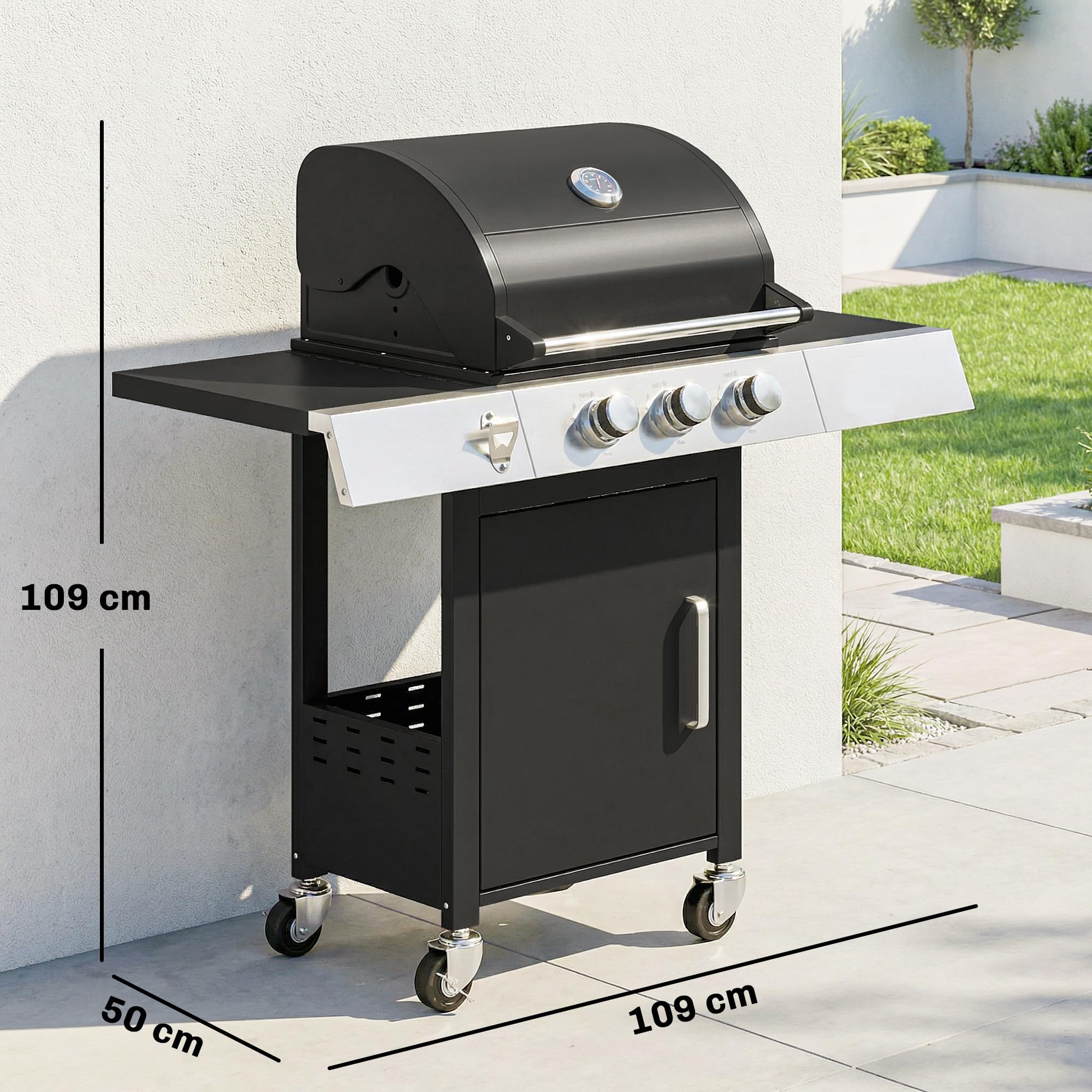 Outsunny Barbacoa de Gas BBQ Gas con 3 Quemadores 8,1 kW Barbacoa Portátil con Termómetro Mesas Laterales Armario Rejilla Calentadora Parrillas de Hierro Fundido Recogedor Grasa y 4 Ruedas Negro
