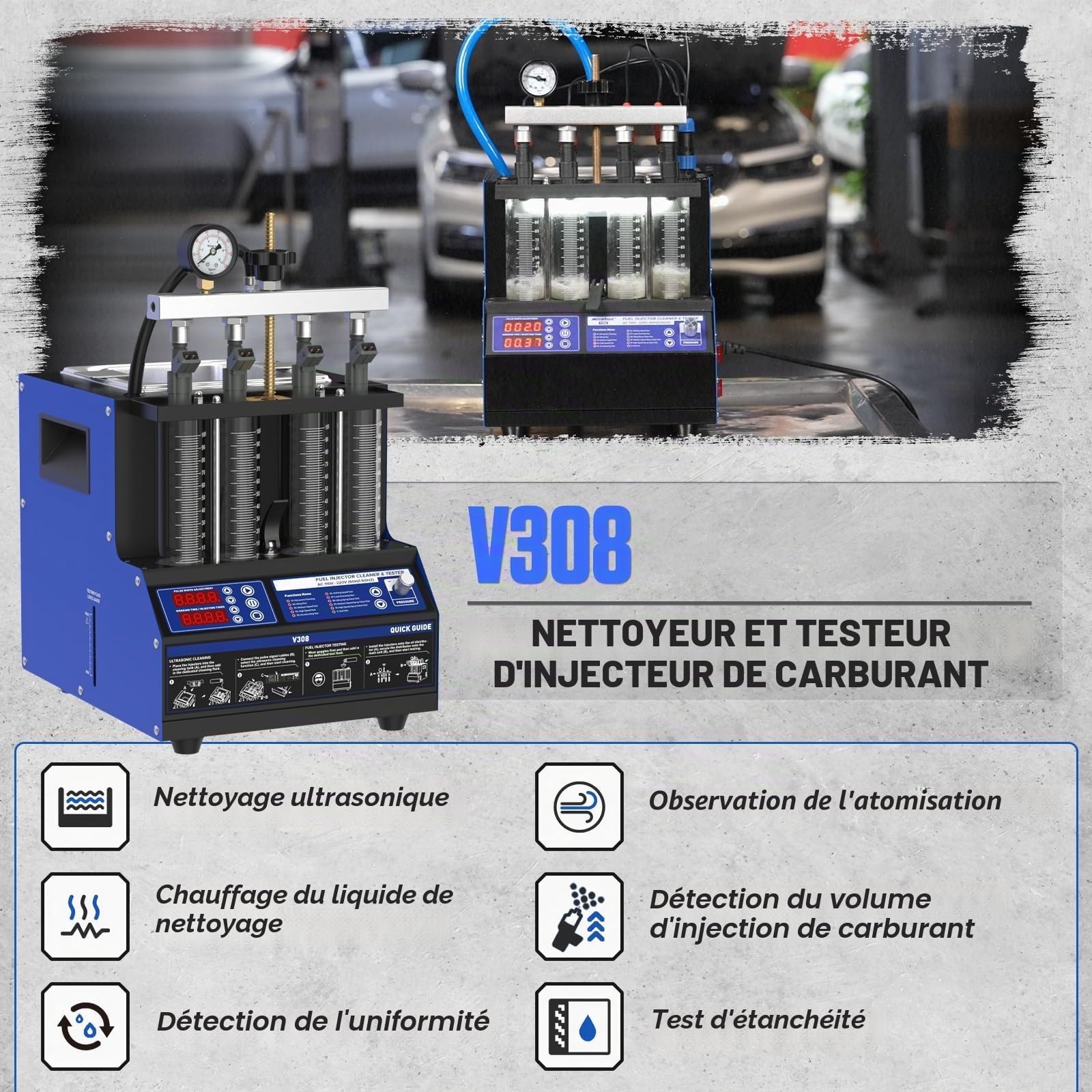 BELEY V308 Nettoyeur et Testeur d'injecteur de Carburant avec 11 Fonctions, 4 Cylindres Machine à Nettoyer à Ultrasons avec Chauffage, pour de Véhicules et Motos