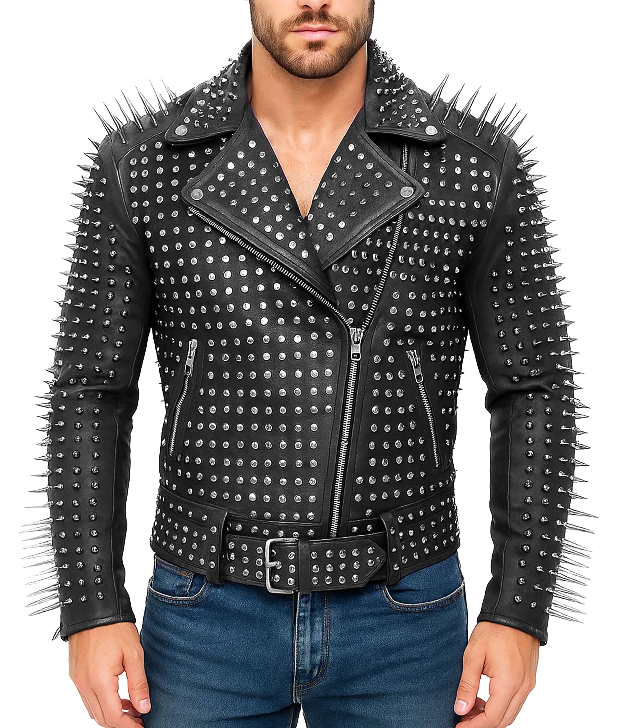 Men's Studded Cowhide Leather Biker Jacket - Punk Rock Spiked Brando Coat