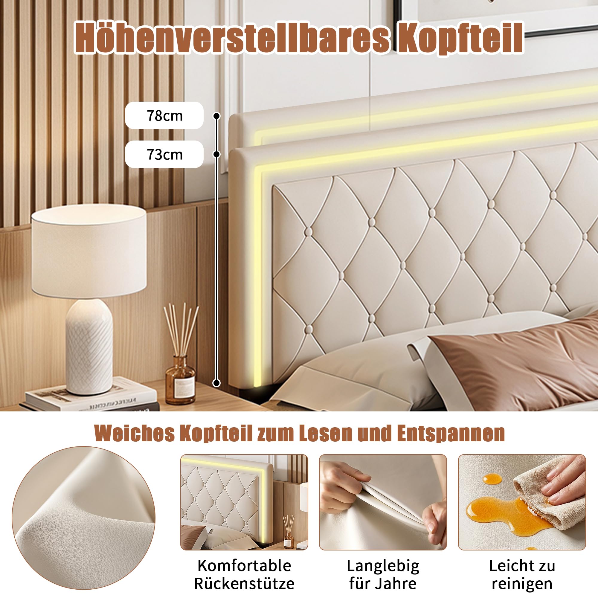 BRILVERDE Cama tapizada 140x200 con Almacenamiento, LED, Cama Doble con cabecero Ajustable, con 4 cajones, Cama Juvenil con Base de Láminas, para Adultos, PU (Beige, 140 x 200 cm)