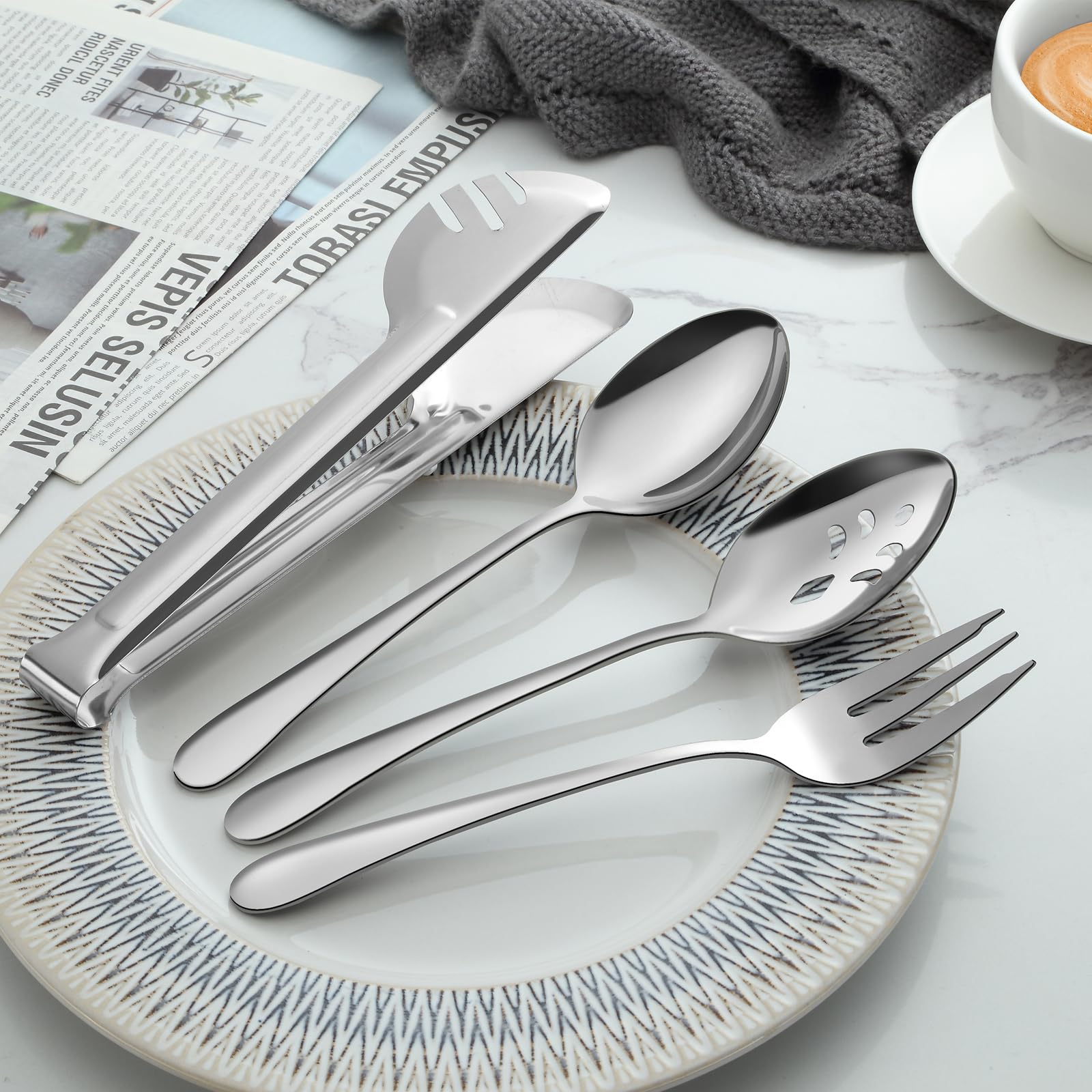 Pleafind Set di 16 utensili da portata, in acciaio inox, con cucchiai da portata, cucchiai da portata scanalati, forchette da portata e pinze da portata, utensili da portata per feste, buffet e