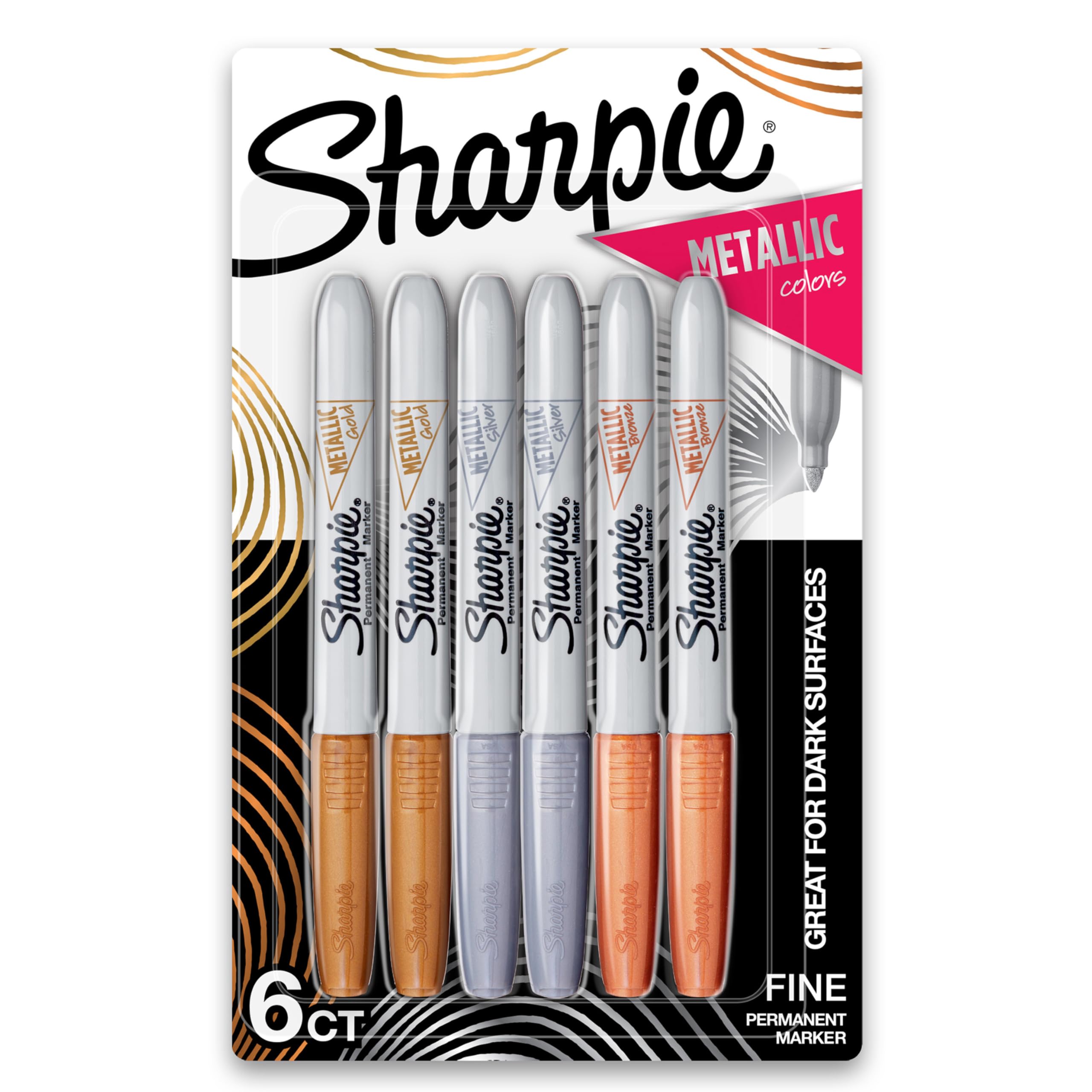 SharpieMetallic Permanent Markers, Fine Point, Assorted Metallic, 6 Count