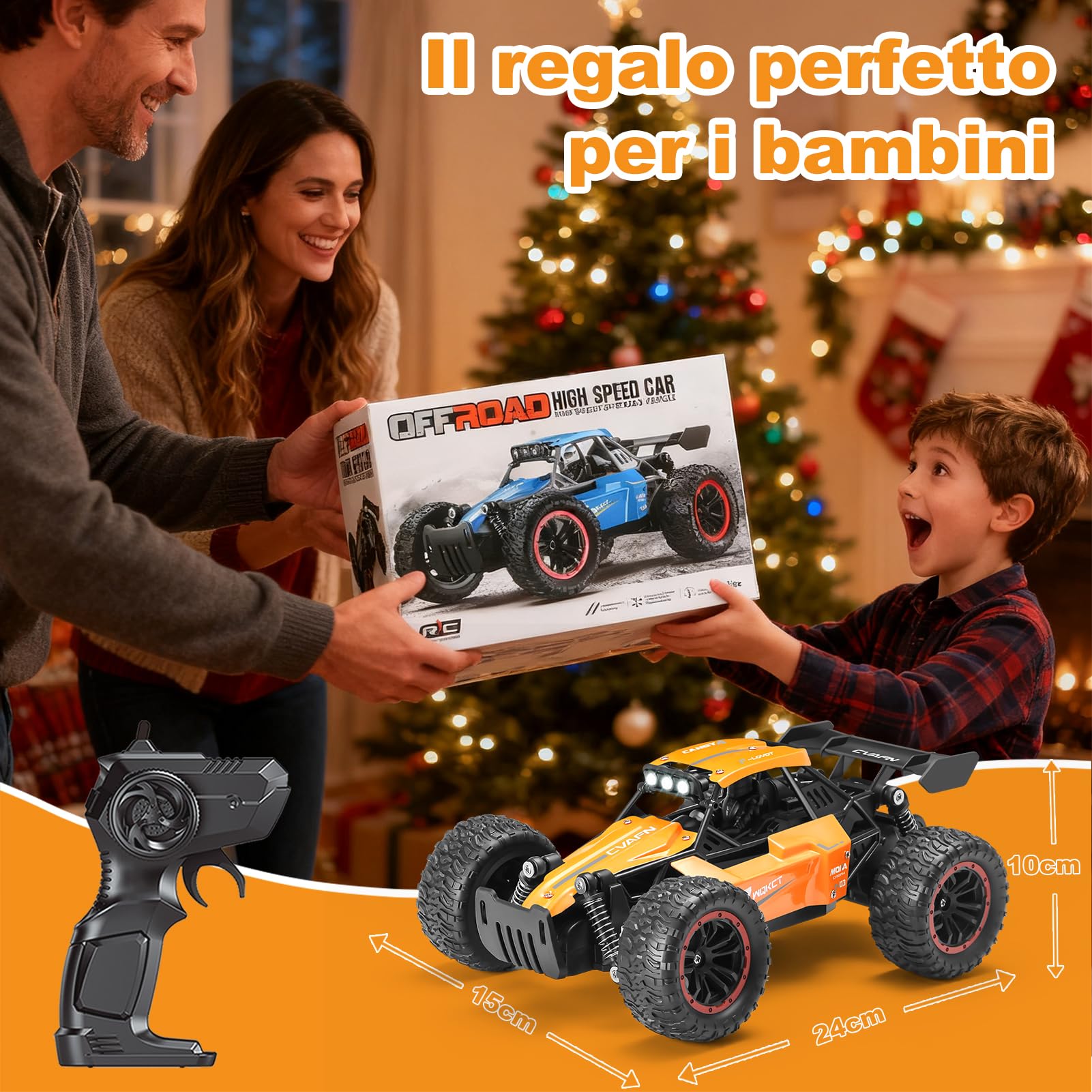 Jiakora Macchina Telecomandata per Bambini, 2,4 GHz Auto Telecomandata con Luce LED, 1:16 RC Car Offroad Monster Truck Telecomandato con 2 Batterie, Auto Giochi Regalo di Compleanno Natale per Ragazzi