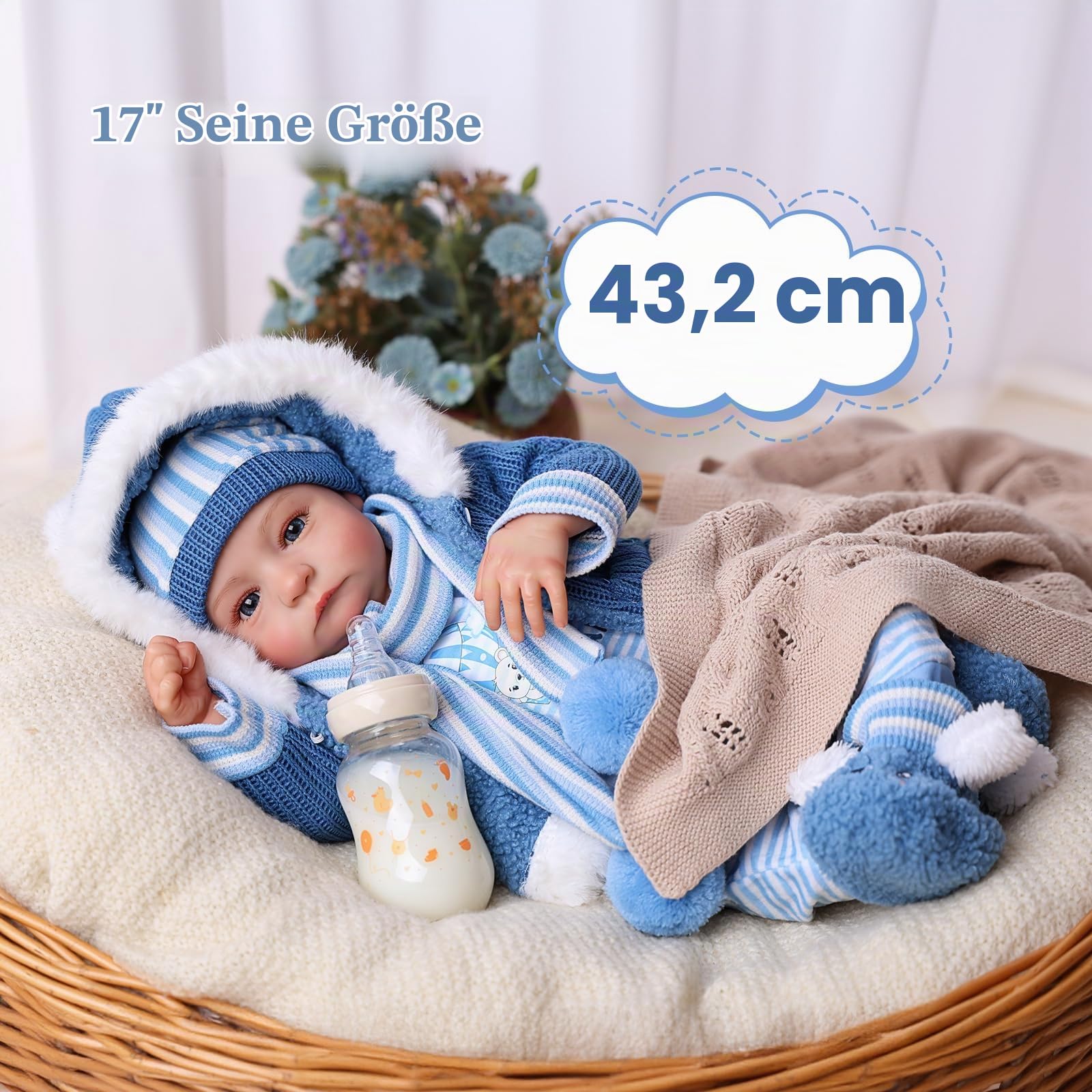 BABESIDE Lebensechte Reborn-Babypuppe Junge 43 cm (17 Zoll) Realistisches Babygefühl Weicher Vinylkörper Lebensechte Babypuppe mit Spielzeug und Geschenkbox