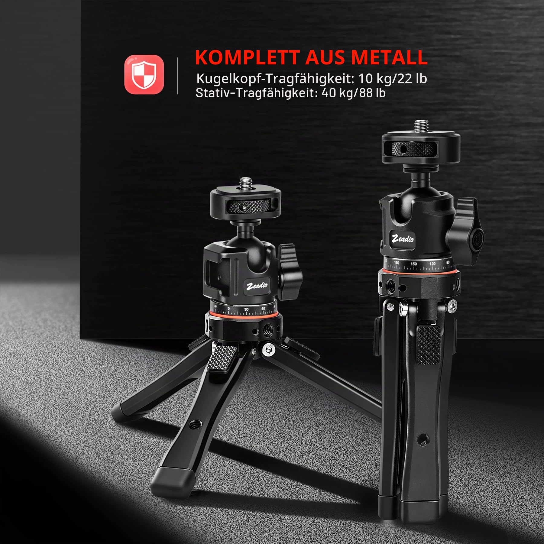 Zeadio Robustes Stativ-Set aus Metall, 1/4" Adapter Stativgewinde mit Smartphone-Halter & Action-Cam-Adapter Handy-Stativ & Reisestativ für iPhone/Android Kamera Gimbal Action-Cam u.a