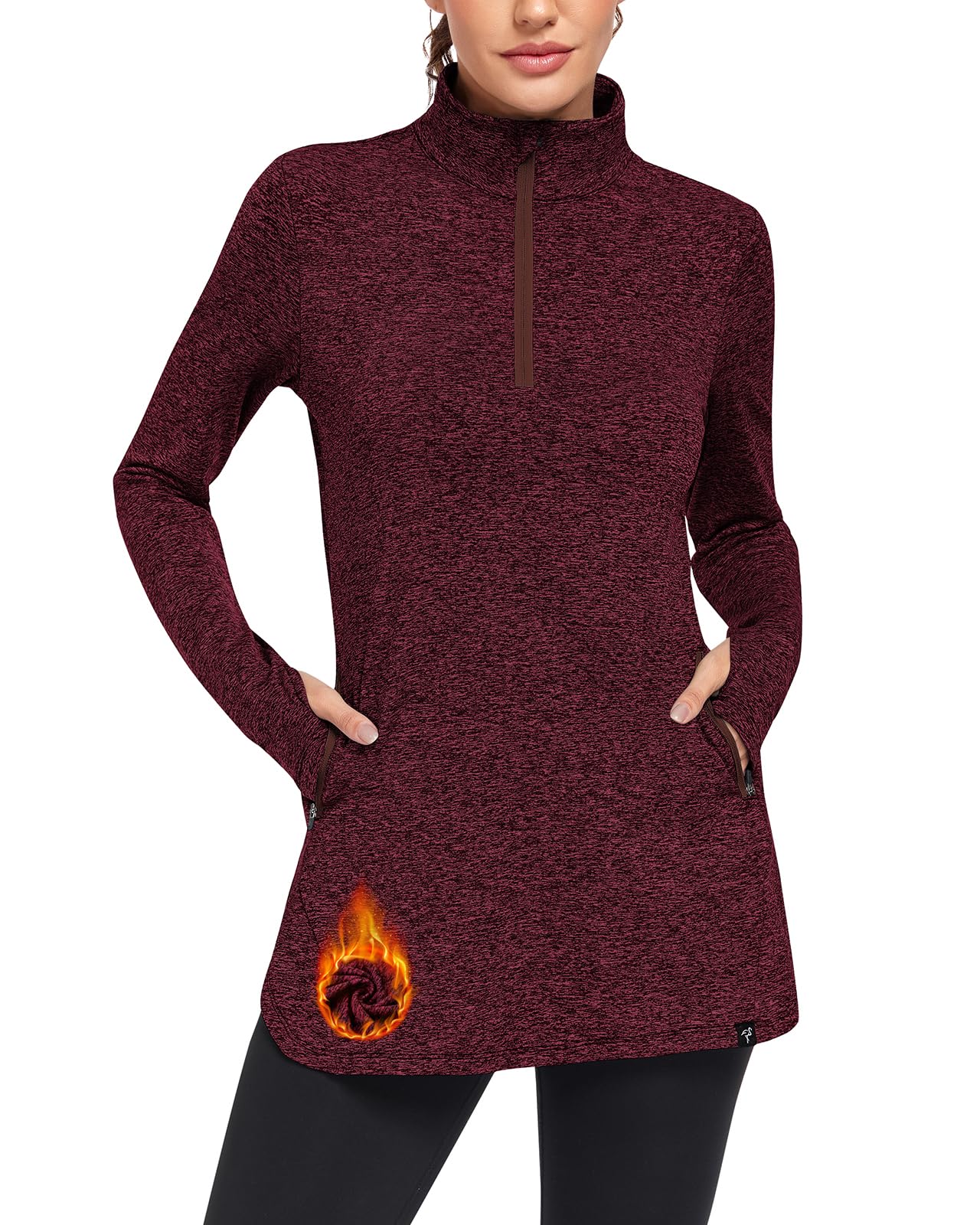 Soneven Fleecepullover Damen Sport Thermo Sweatshirt Winter Laufshirt Langarm Funktionsshirt 1/4 Zip mit Daumenloch Taschen Fleece Sportshirt Lang Outdoor Wandern