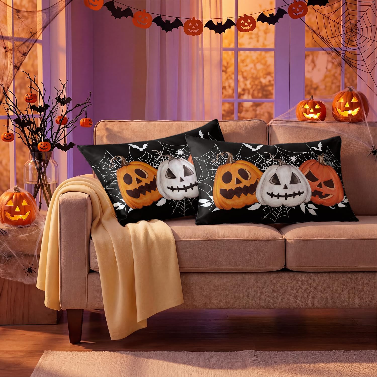 Horaldaily Halloween Pumpkin Spiderweb Standard Size Satin Pillowcases 2PCS