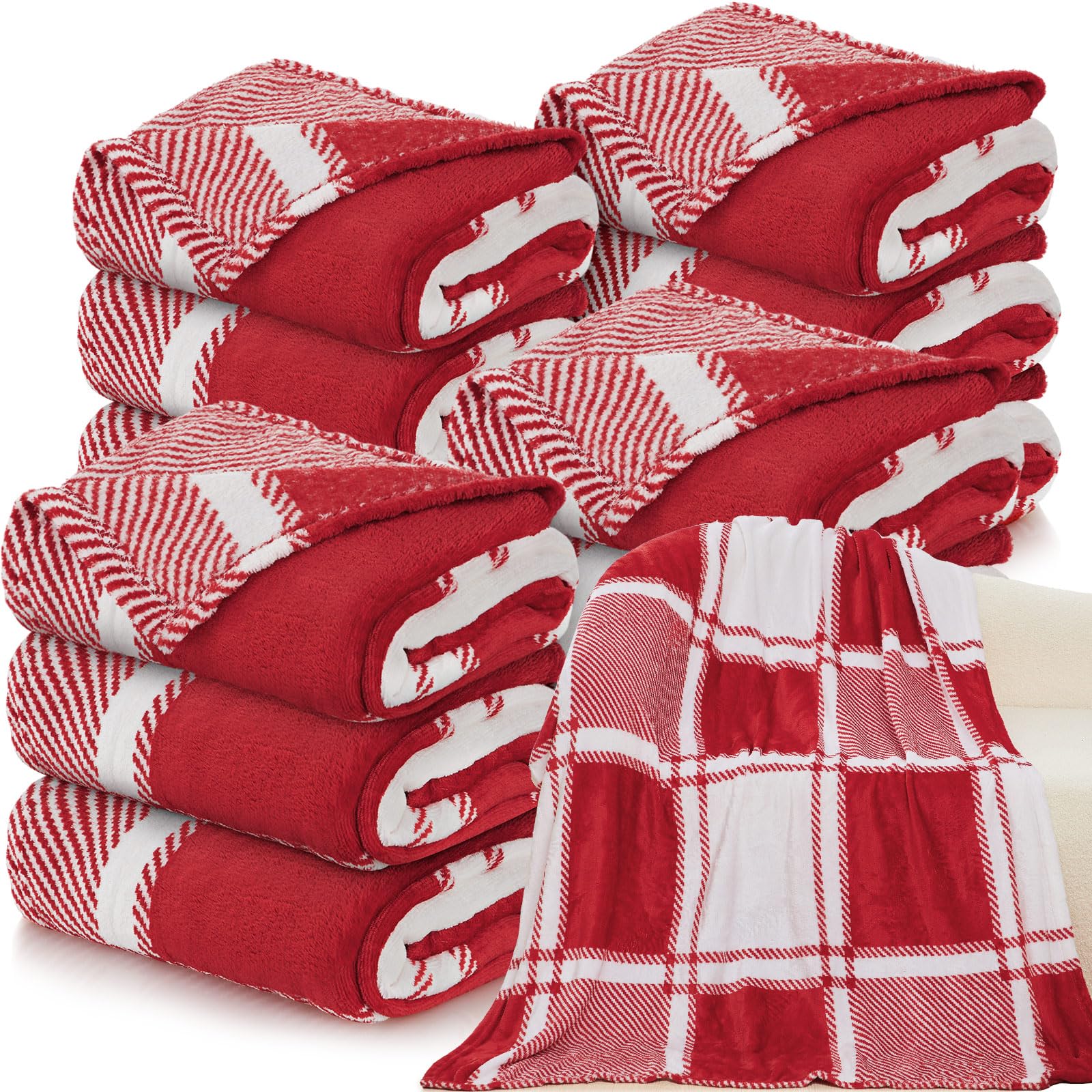 Tinideya 12 Pcs Flannel Fleece Throw Blanket Bulk 50 x 60 Inch Red White Plaid Fleece Blanket Soft Warm Coral Throw for Bed Couch Sofa Home Wedding