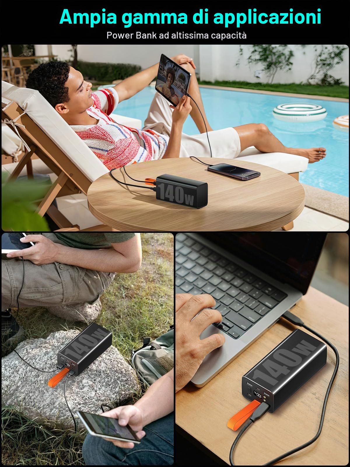 Power Bank 50000mAh 140W, Batteria Esterna Ricarica Rapida PD 3.1 & QC 4.0, Caricabatterie Portatile USB C 4 Porte con Display LED, per PC Portatile, MacBook, Smartphone, Tablet (Nero)