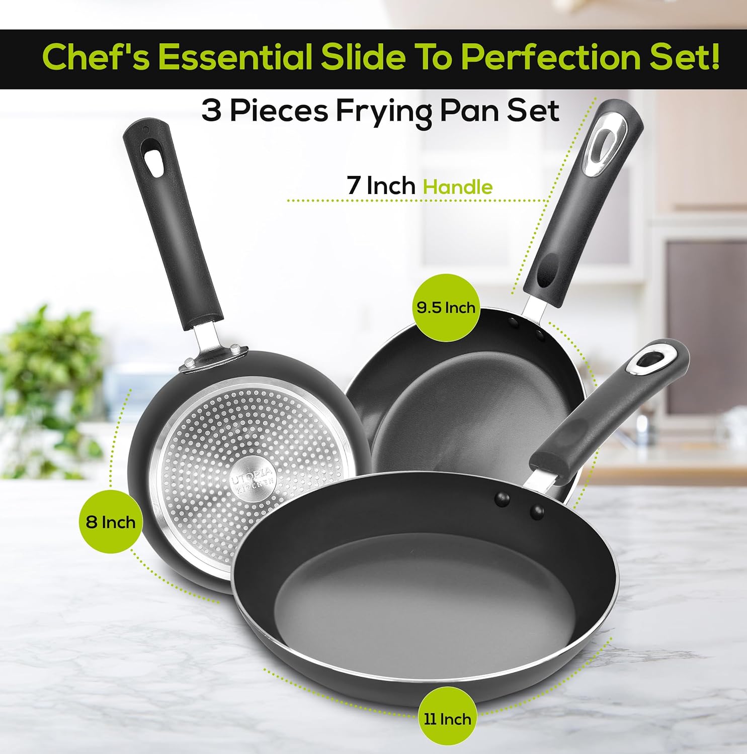 Utopia Kitchen Nonstick Cookware 3 Piece Omelette Pan Skillet Set, Nonstick Frying Pans with Induction Bottom, 8, 9.5 & 11 Inches Frying Pans with Bakelite Handles, PFOA Free, Grey - Image 2