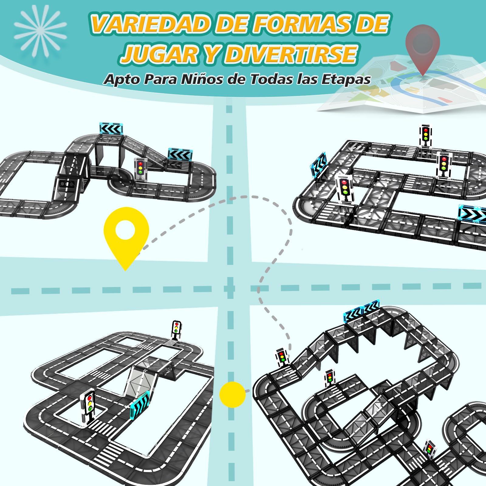 BuzzoXerex Construcciones Magneticas Carretera, 70 Piezas Carretera Magnetica, Carreteras Imanes Bloques Magneticos Juguetes Niños 3-8 Años (70 Piezas)