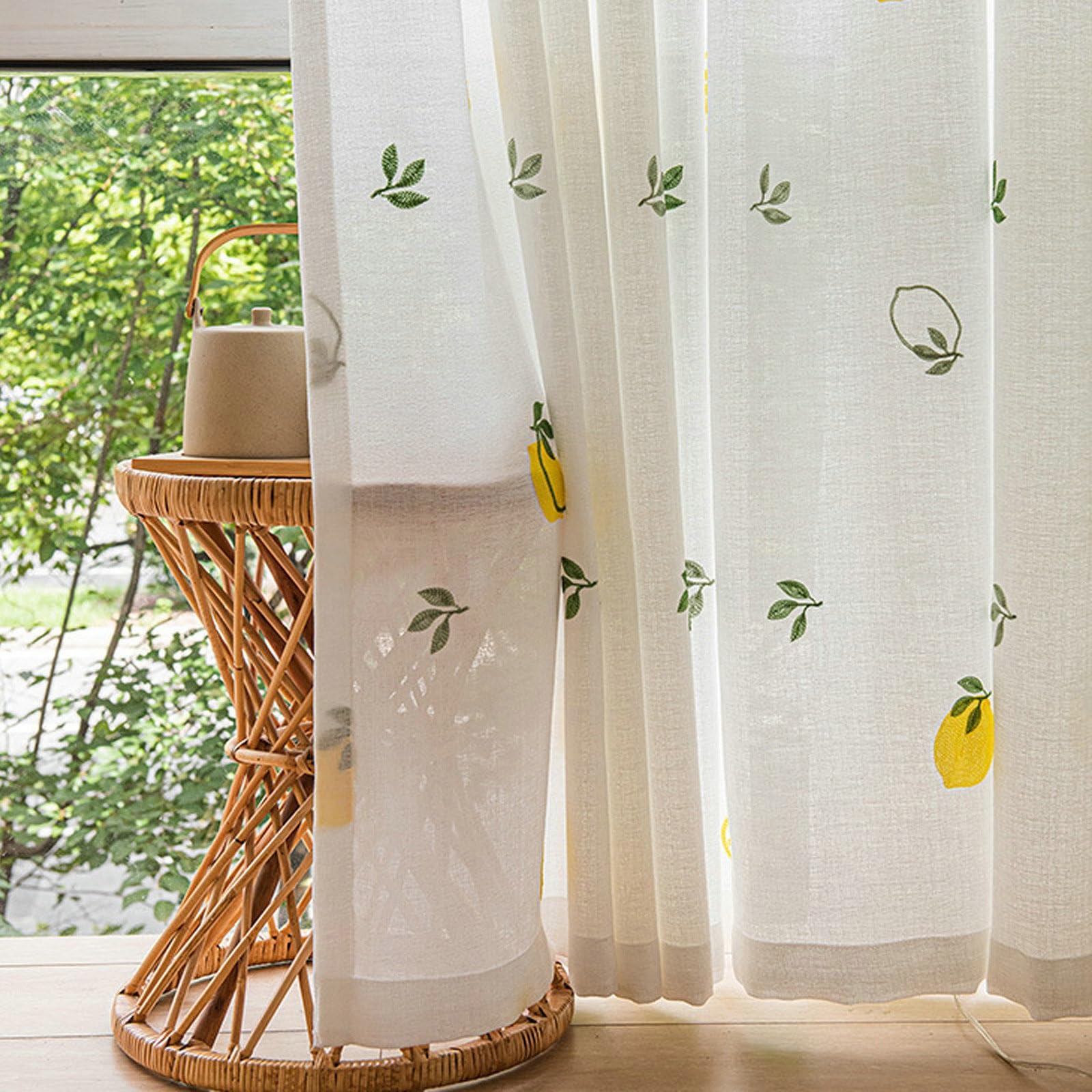Epinki Lot de 2 Rideau Voilage Blanc Citron Polyester 86 x 214 cm Rideau Moderne Chambre à Oeillets