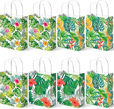 VGOODALL 32PCS Luau Party Bags, Tropical Paper Bags with Handle for Summer Aloha Festival Hawaiian Luau Holiday Party Supplies Favor