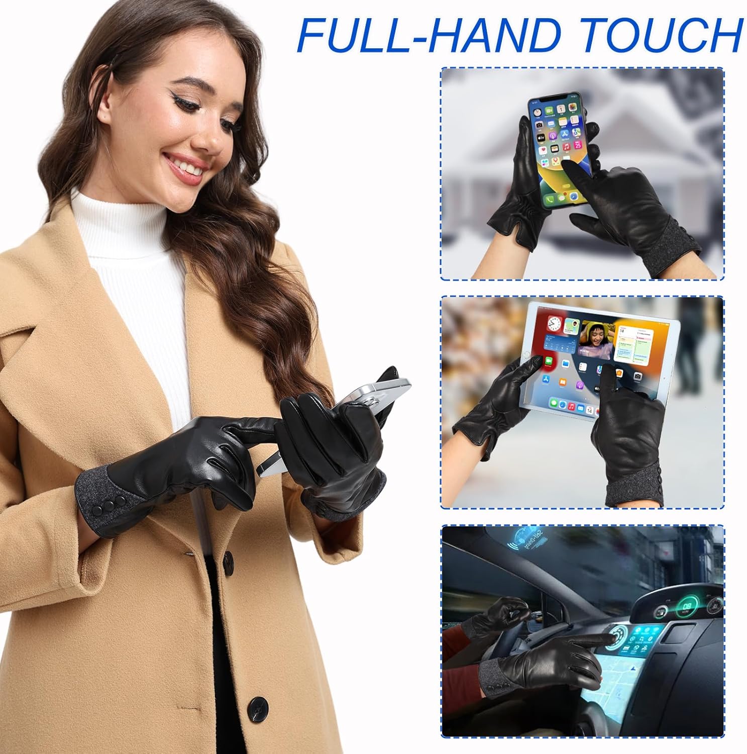QOF Winter Genuine Leather Gloves for Women, Cashmere Warm Lined Finger Touchscreen Texting Driving Gloves - Image 4