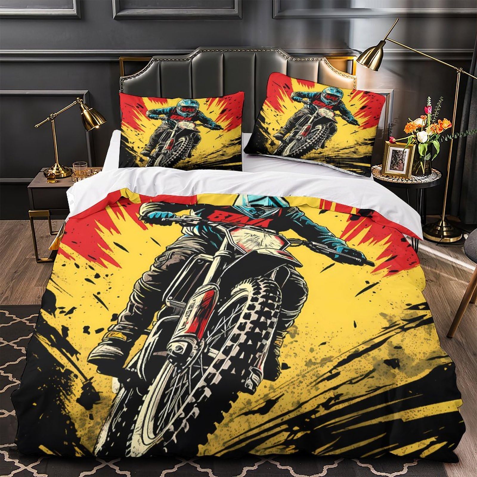 Parure de lit motocross 140x200cm housse de couette microfibre hypoallergénique respirante pour lit