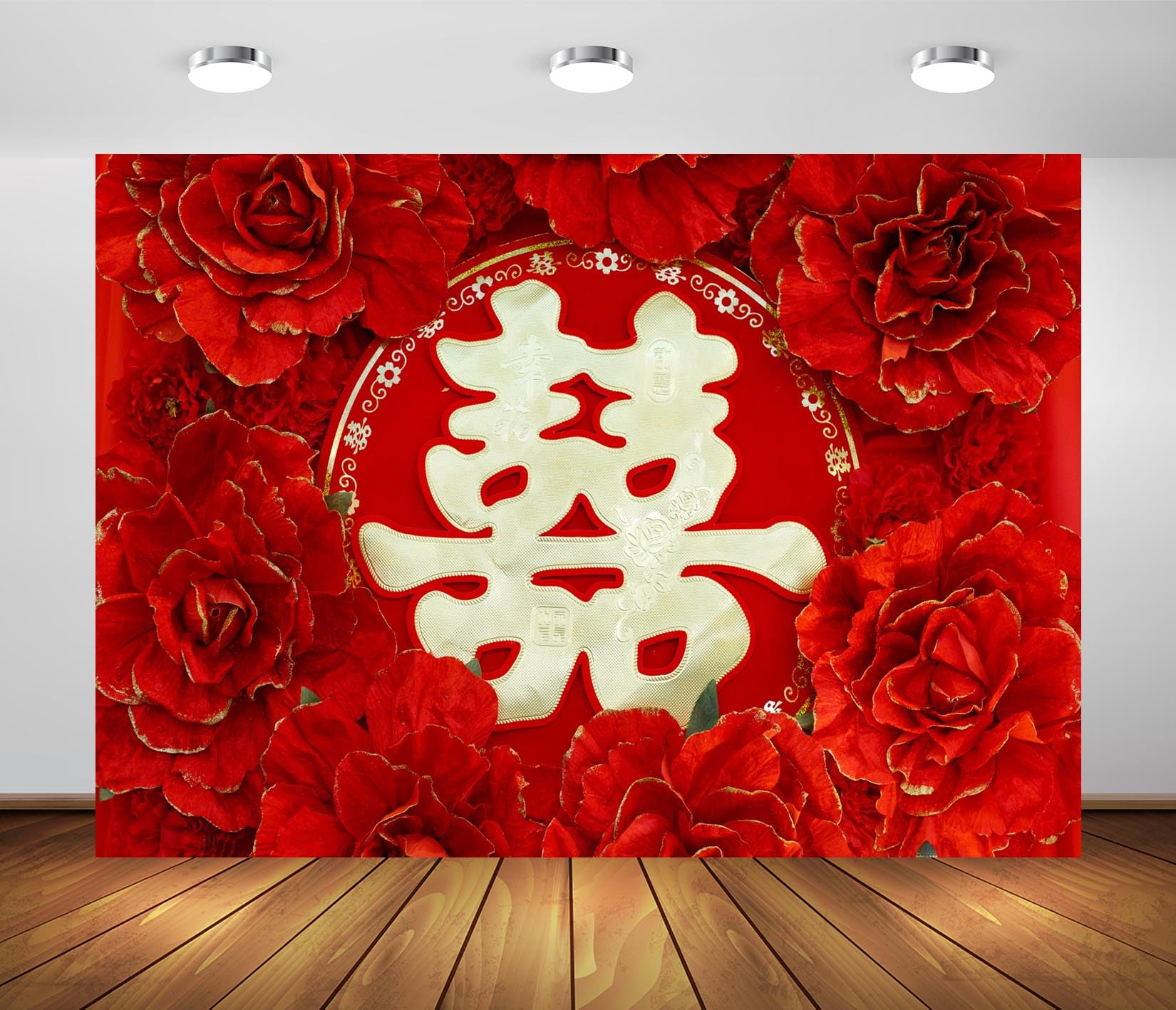 BELECO 8x6ft Fabric Chinese Wedding Backdrop Red Floral Chinese Style Wedding with Double Happiness Background Asian Theme Wedding Party Photo Studio