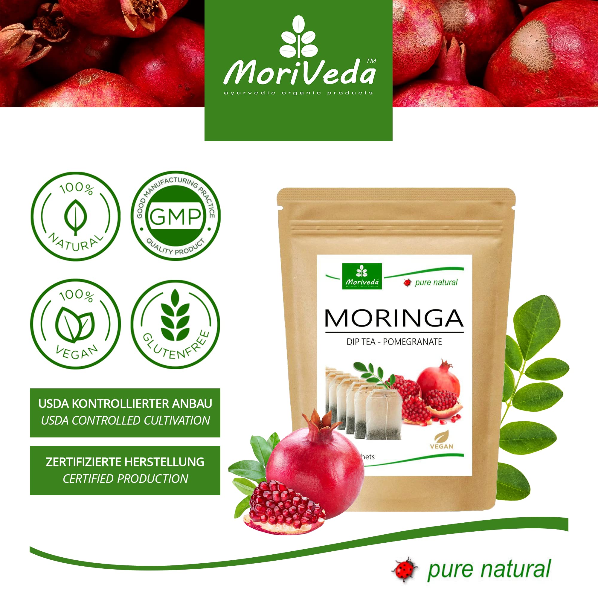Tè Moringa 100% naturale e vegano (a scelta mix di erbe, mela cannella, melograno, zenzero, menta). Qualità 1A (20 bustine di tè Moringa-Melograno)