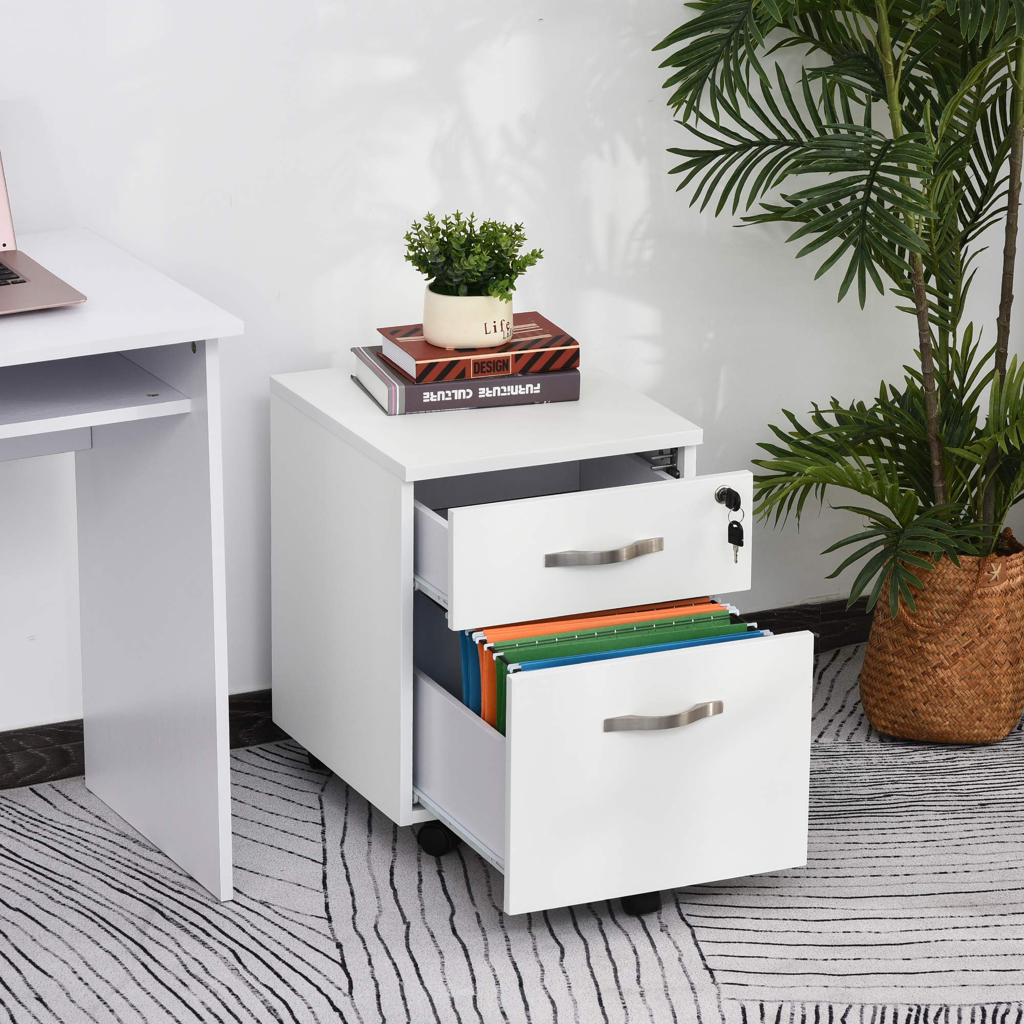 HOMCOM Cajonera de Oficina con Reudas Mueble Archivador con 2 Cajones Llave y Riel Colgante Armario para Oficina Estudio Diseño Moderno 40x45,5x52,5 cm Blanco