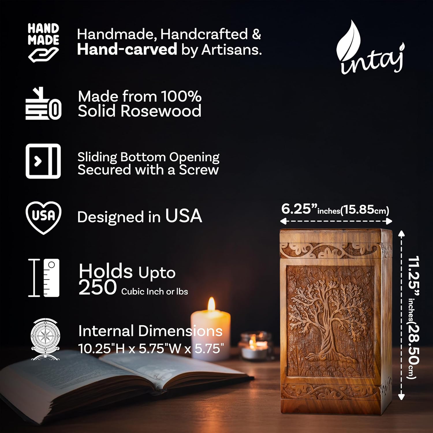 INTAJ Handcarved Wooden Cremation Urn for Human Ashes - Tree of Life Design, 250 lbs Capacity, Suitable for Adult Men and Women - Decorative Funeral Urn Box and Casket