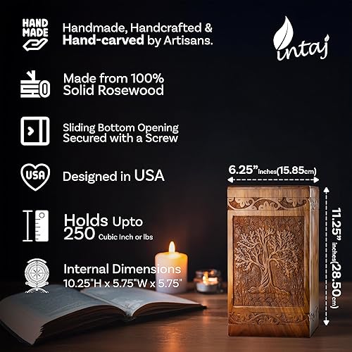 Miniatura 2 de INTAJ Urna de cremación de madera tallada a mano para cenizas humanas, diseño de árbol de la vida, capacidad de 250 libras, adecuada para hombres
