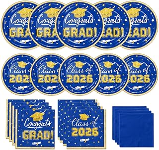 Graduation Plates and Napkins 2026 Congrats Grad Disposable Paper Plates Cocktail Napkins Luncheon Napkins for Blue and Gold Graduation Party Decorations, Serve 50